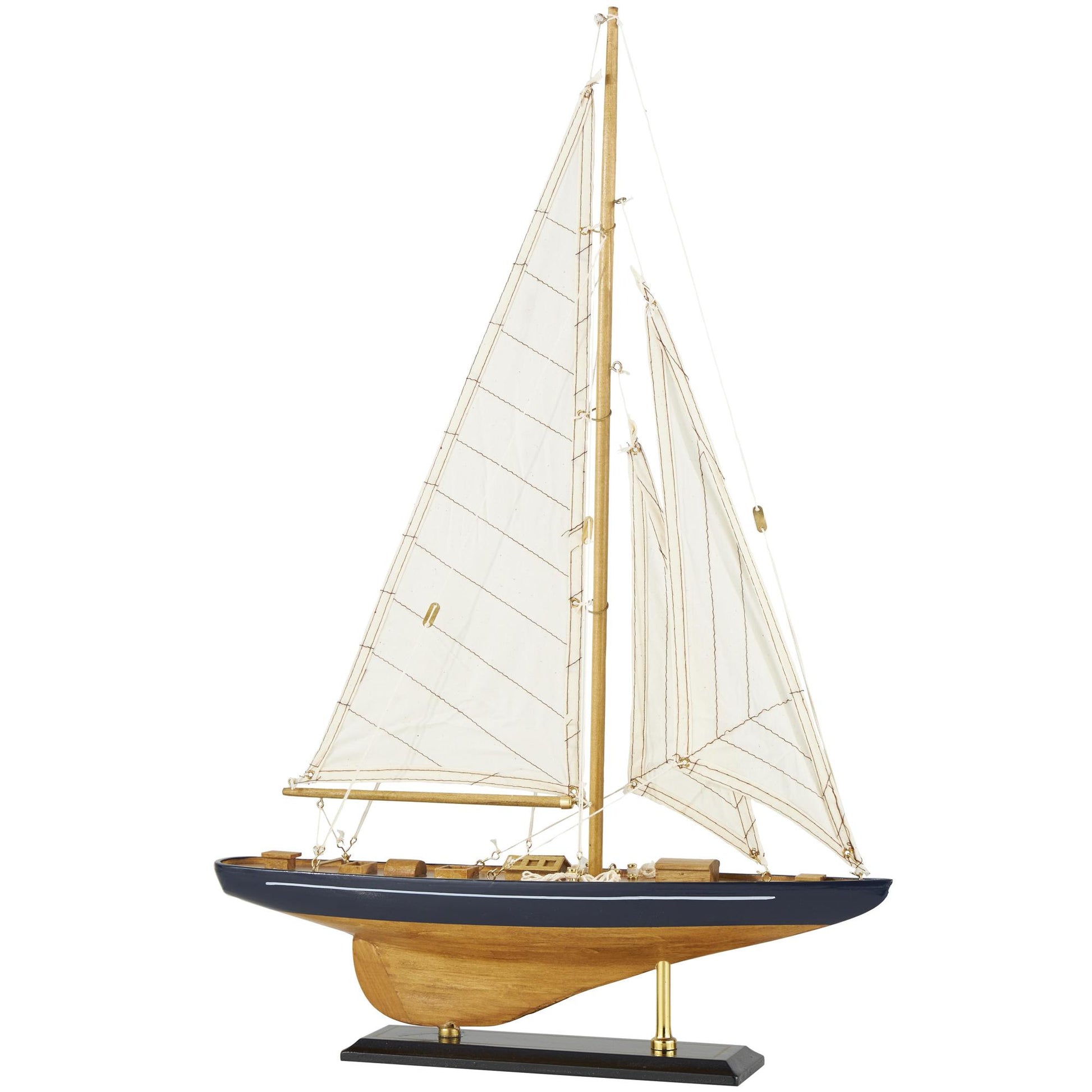 Sail Boat Brown Wood Decorative Sculpture with Beige and Navy Accents and Lifelike Rigging
