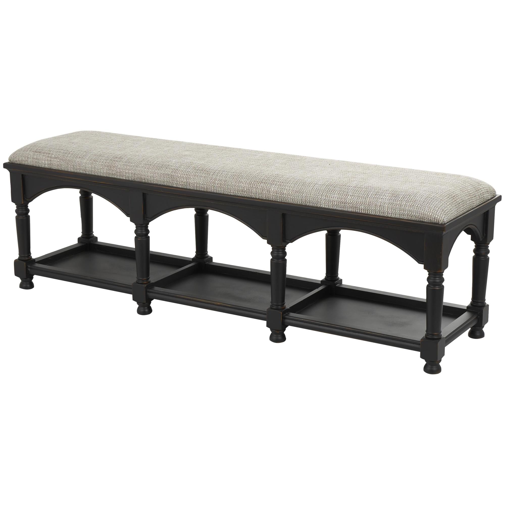 Black Wooden Arched Storage Home Bench with Traditional Turned Legs and Beige Cushion