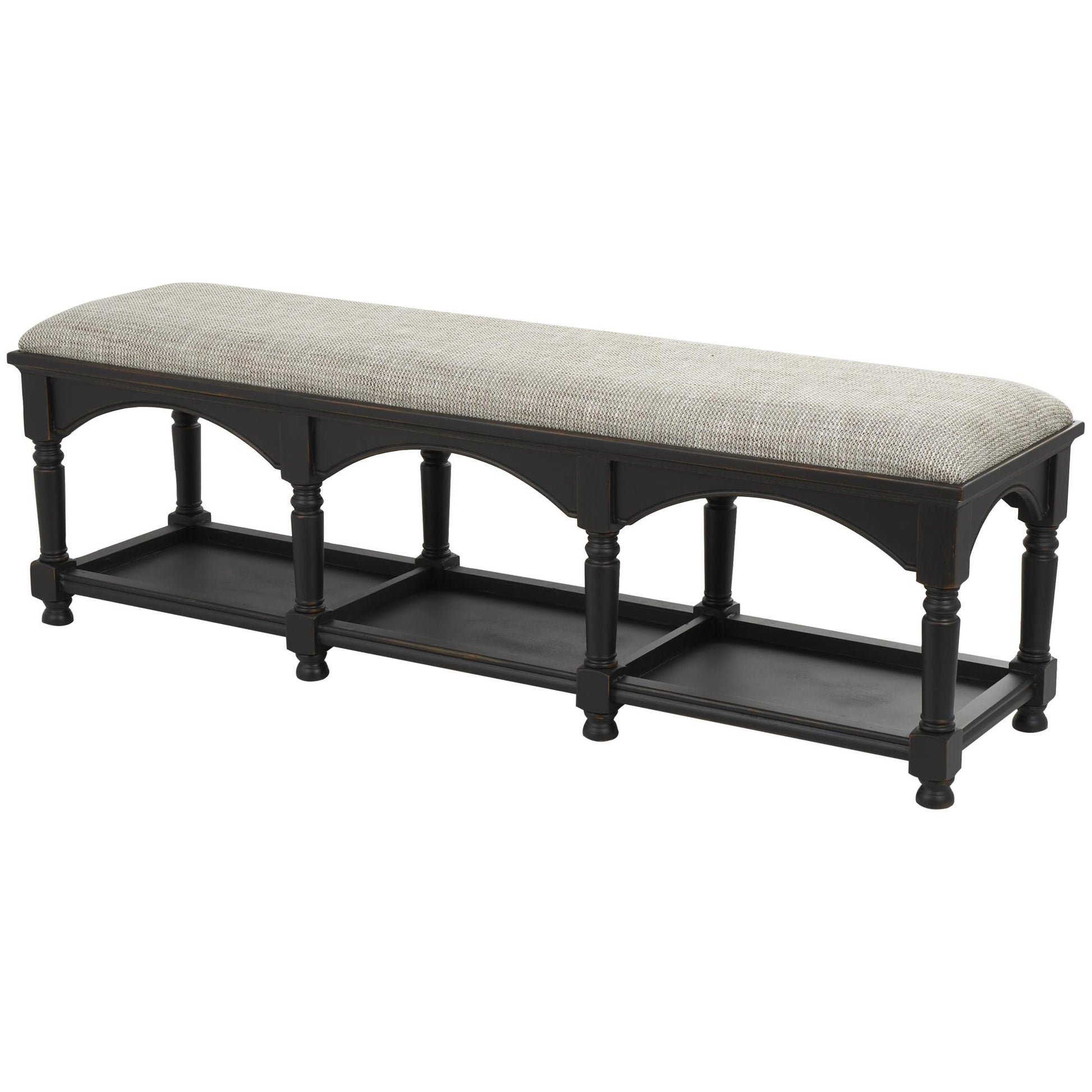 Black Wooden Arched Storage Home Bench with Traditional Turned Legs and Beige Cushion