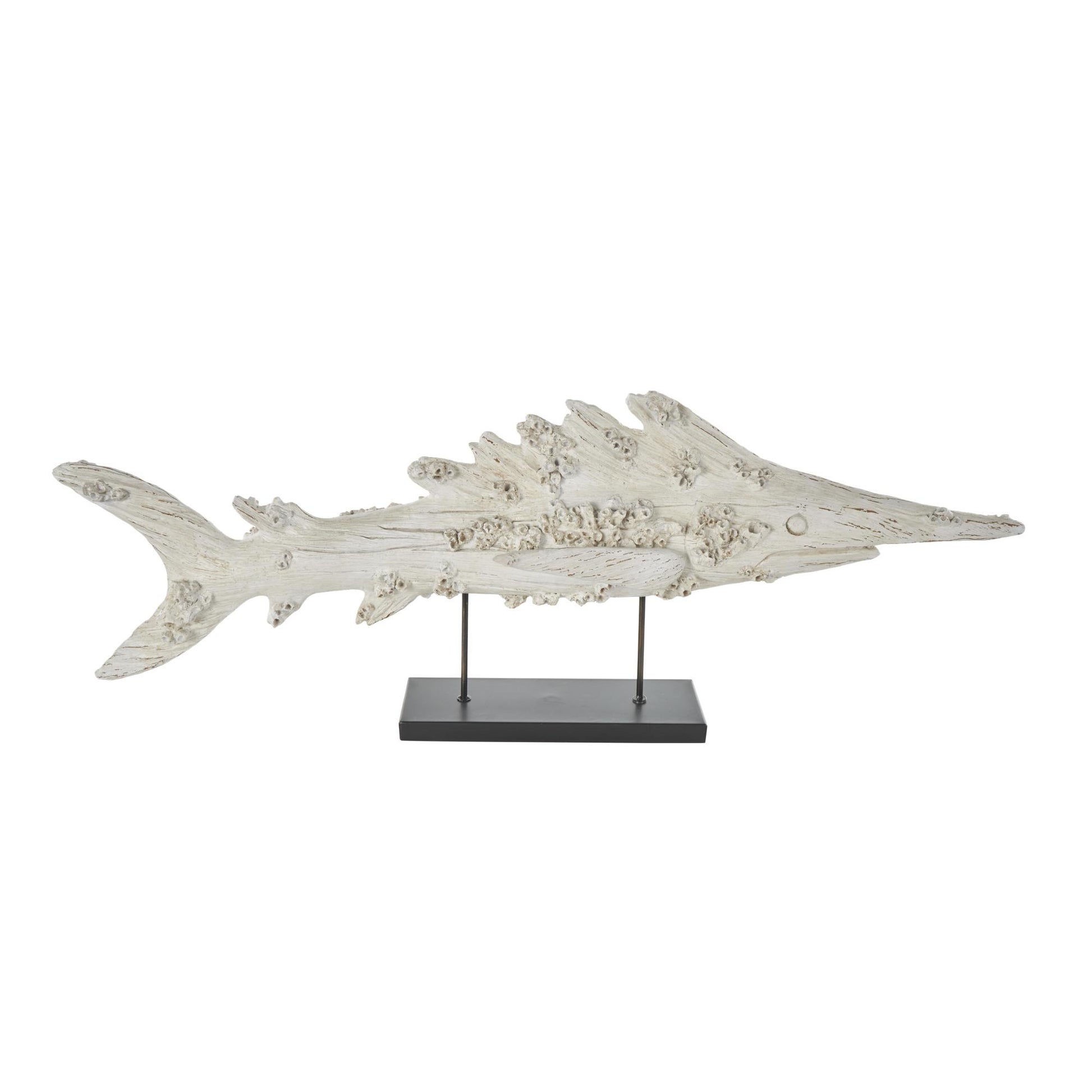 Fish Cream Polystone Textured Decorative Sculpture with Brown Distressing and Black Metal Stand