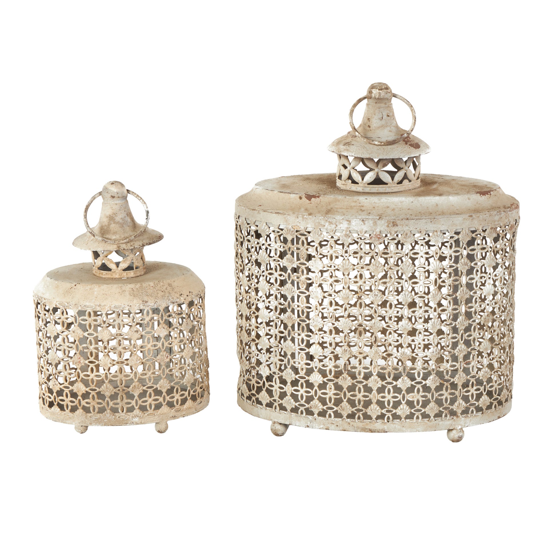 Set of 2 Floral Beige Metal Antique Distressed Oval Cutout Indoor Outdoor Candle Lantern