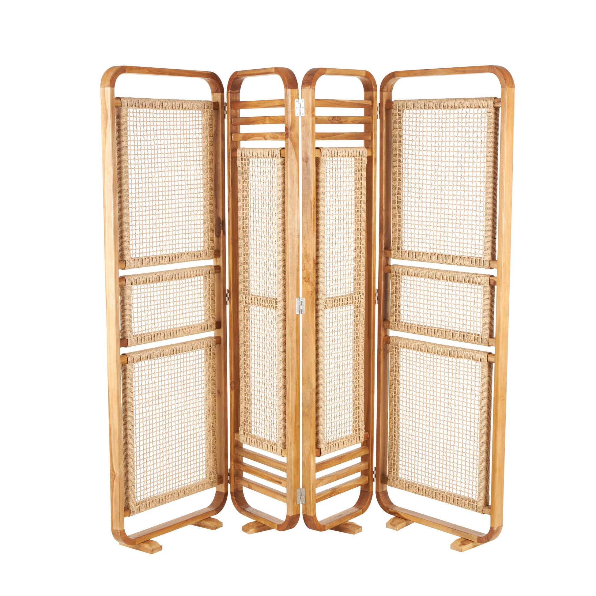 Brown Teak Wood Handmade Foldable Partition 4 Panel Partition Room Divider Screen with Woven Rattan Panels