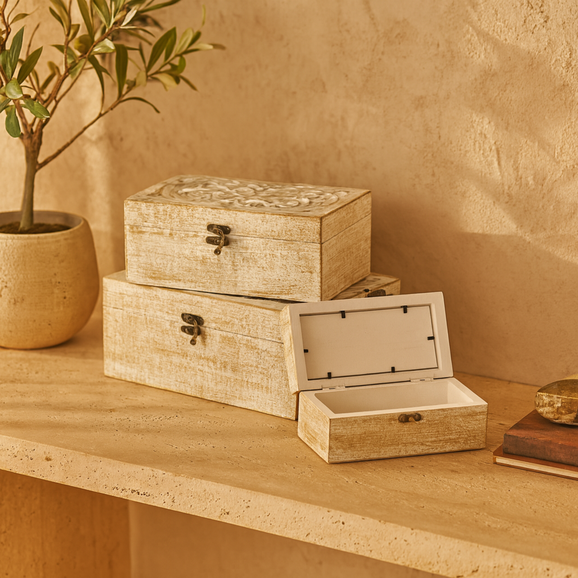 Set of 3 Floral White Mango Wood Handmade Decorative Box with Hinged Lid