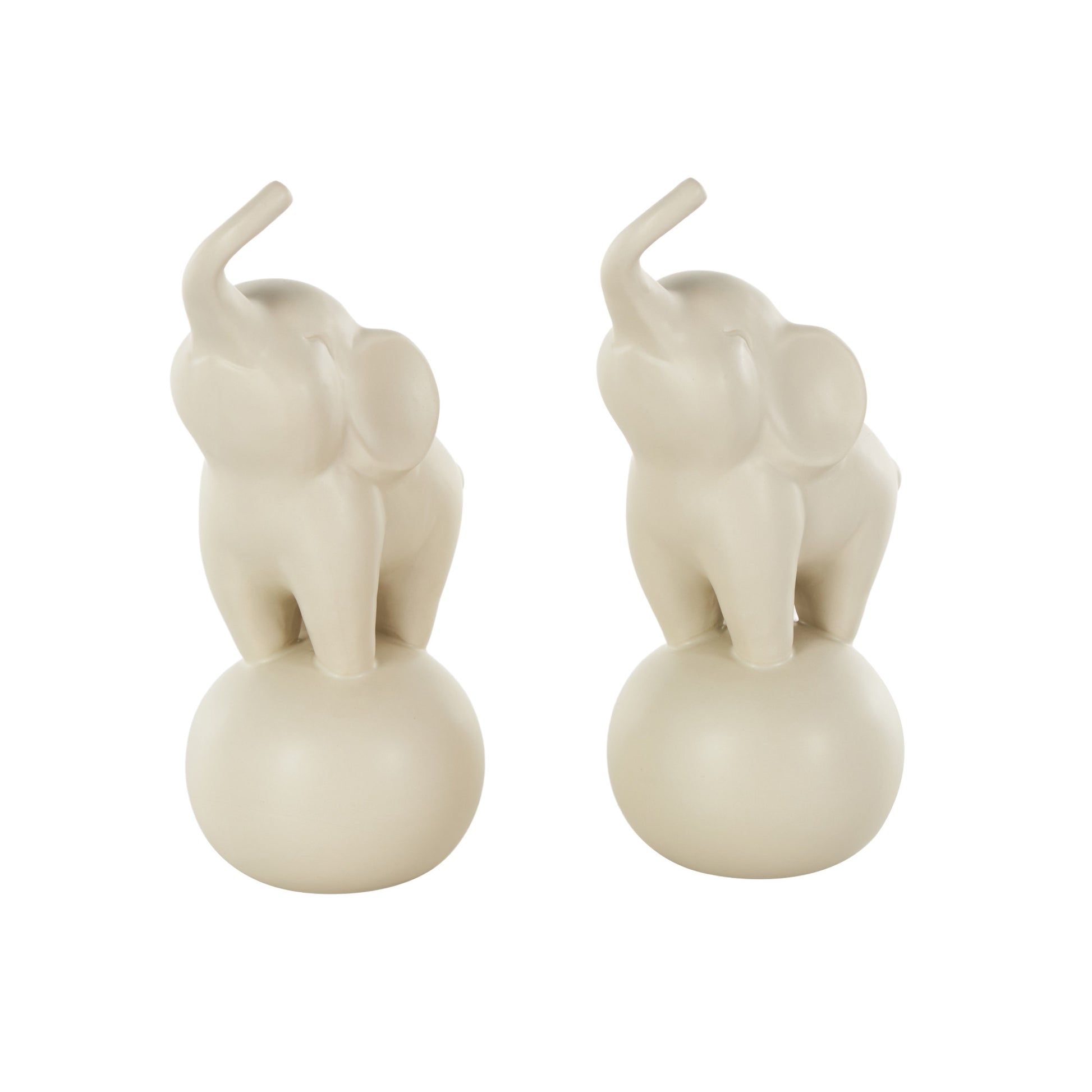 Set of 2 Elephant White Ceramic Trumpeting Decorative Sculpture with Round Base