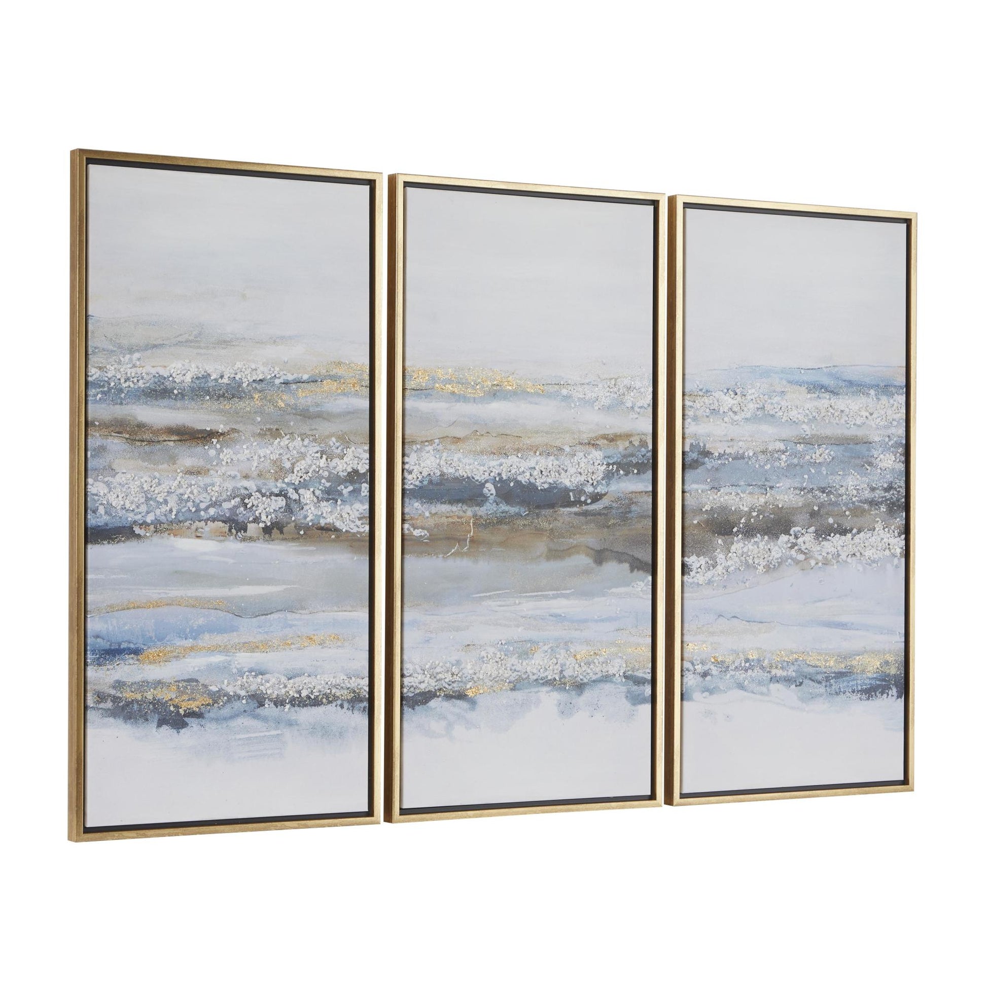 Set of 3 Landscape Blue Canvas Living Room Framed Wall Art with Gold Frame