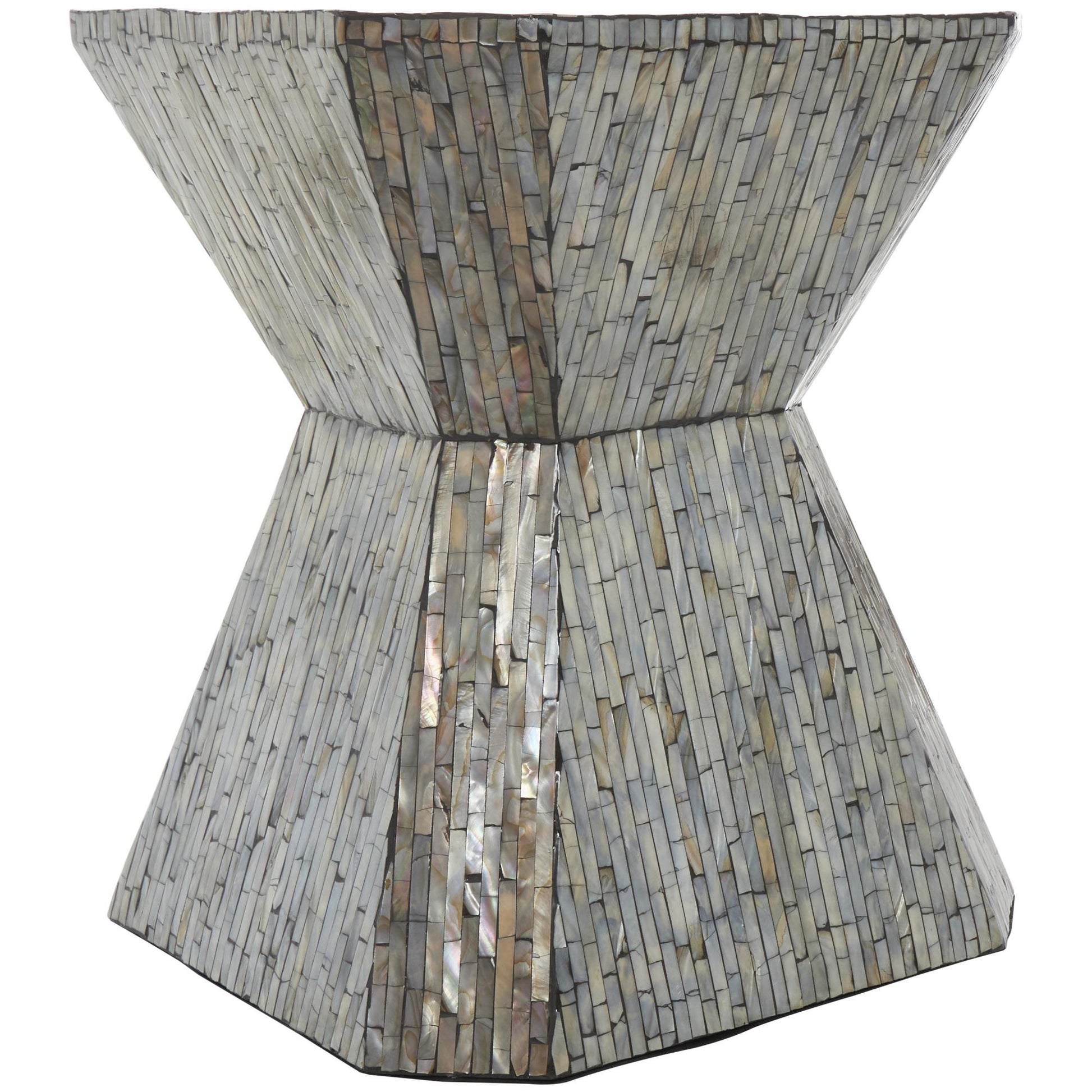 Geometric Gray Mother of Pearl Shell Handmade Hourglass Side End Accent Table with Linear Mosaic Pattern