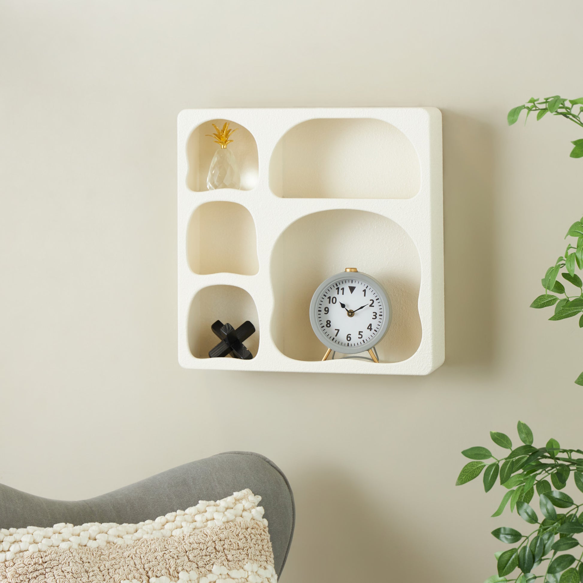 Geometric Wooden 5 Cubby Room Wall Shelf with Abstract Block Shapes