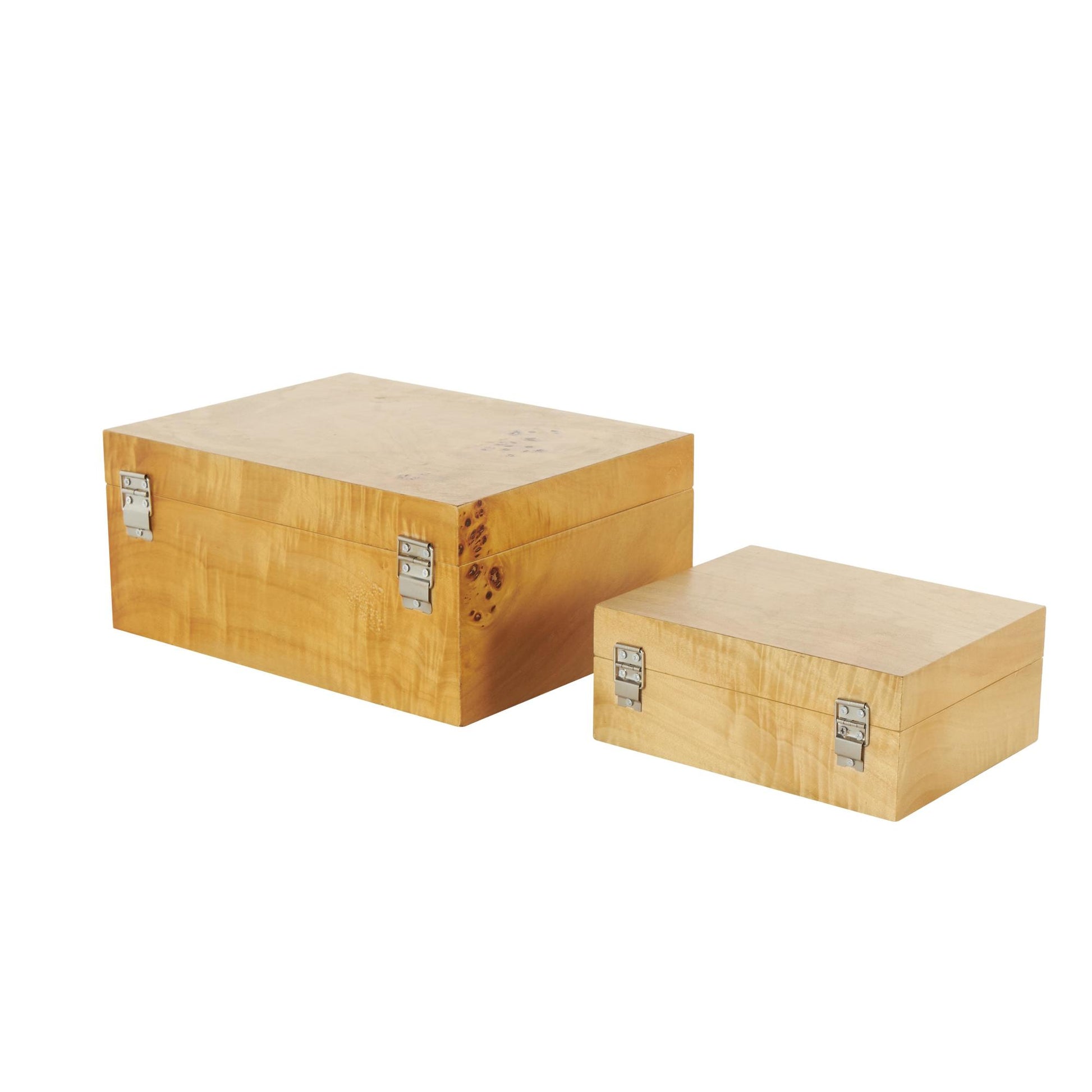 Set of 2 Brown Wood Storage Decorative Box with Natural Wood Grains and Silver Latches