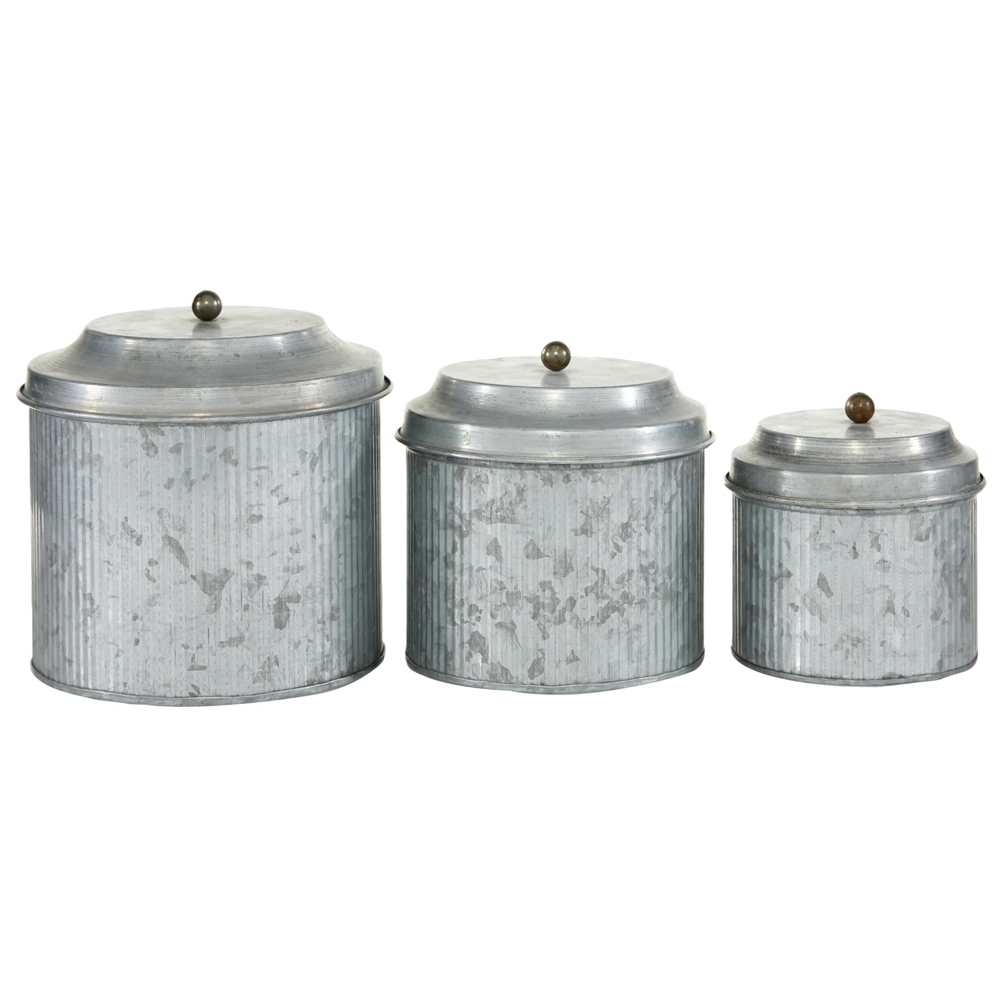 Set of 3 Silver Metal Galvanized Living Room Decorative Jars
