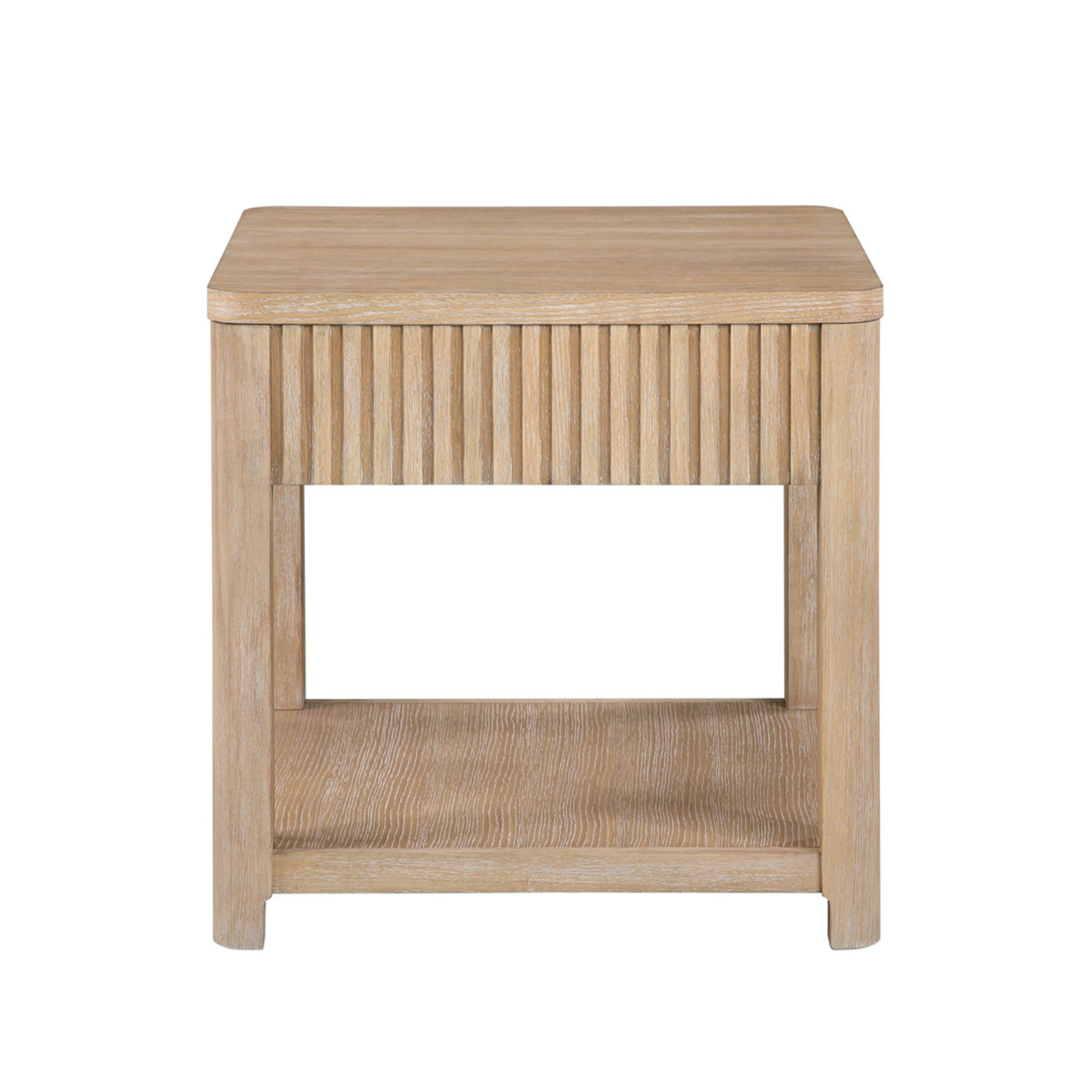 Light Brown Wooden Slatted 1 Drawer Side End Accent Table with Natural Wood Grains and Silver Handle