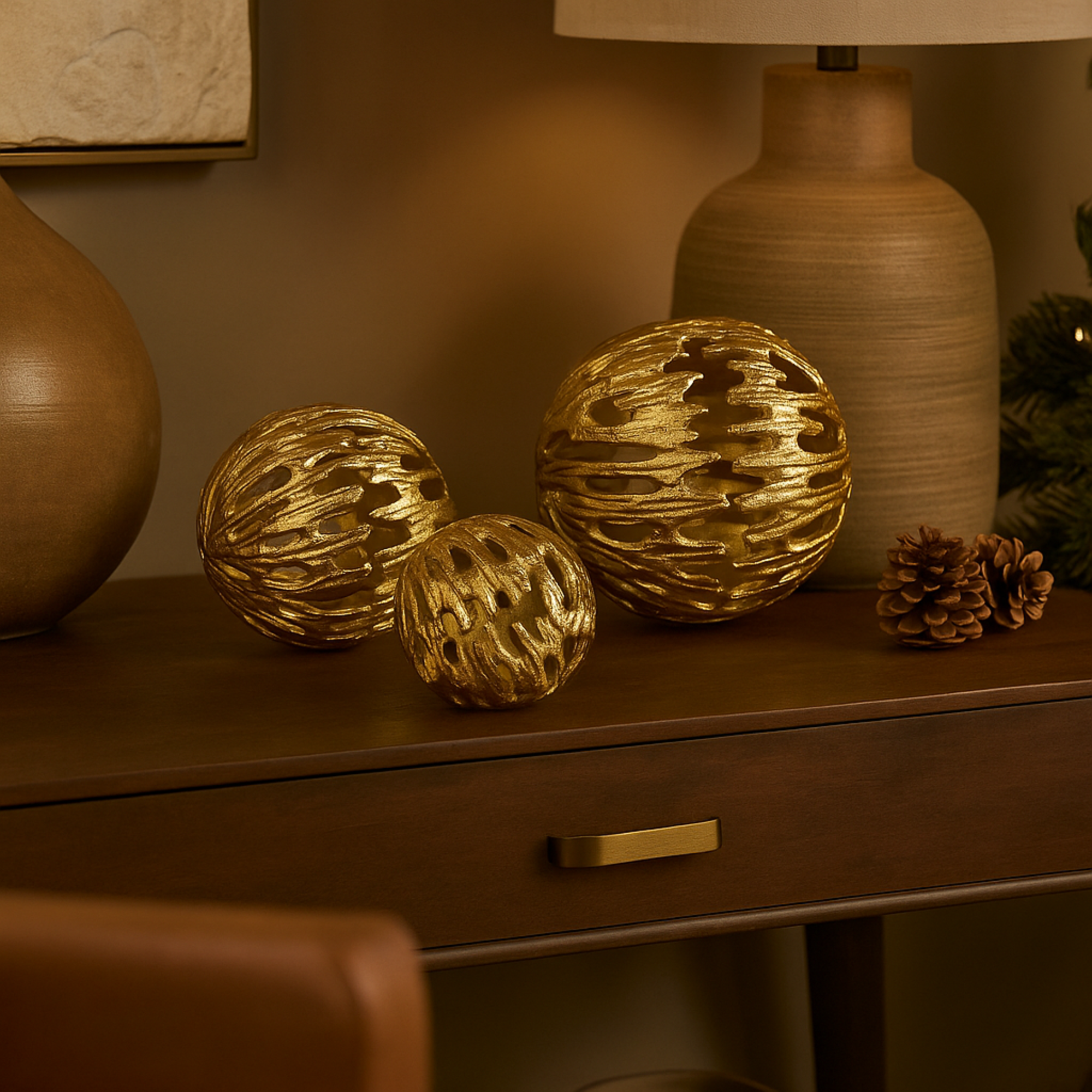 Set of 3 Abstract Aluminum Metal Metallic Cutout Decorative Orbs & Vase Filler