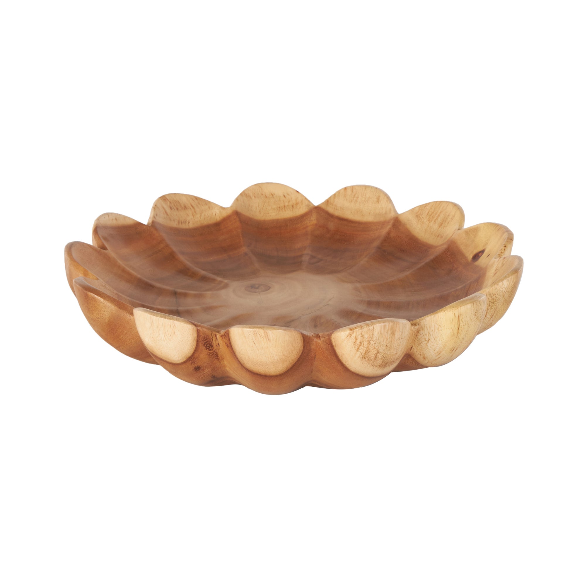 Floral Brown Teak Wood Handmade Large Decorative Bowl with Light Brown Tones
