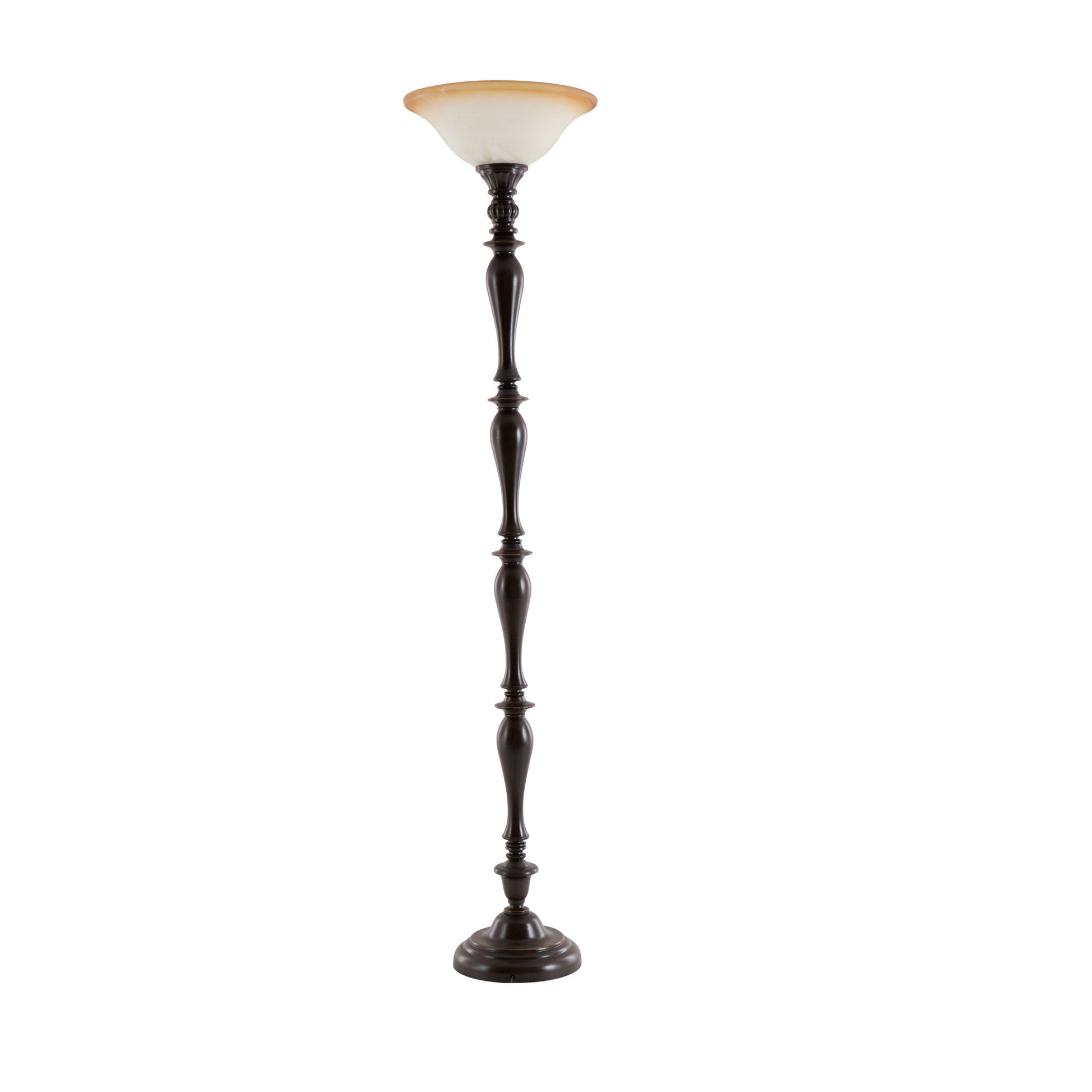 Brown Polystone Antique Style Turned Room Torchiere with Cream Glass Shade