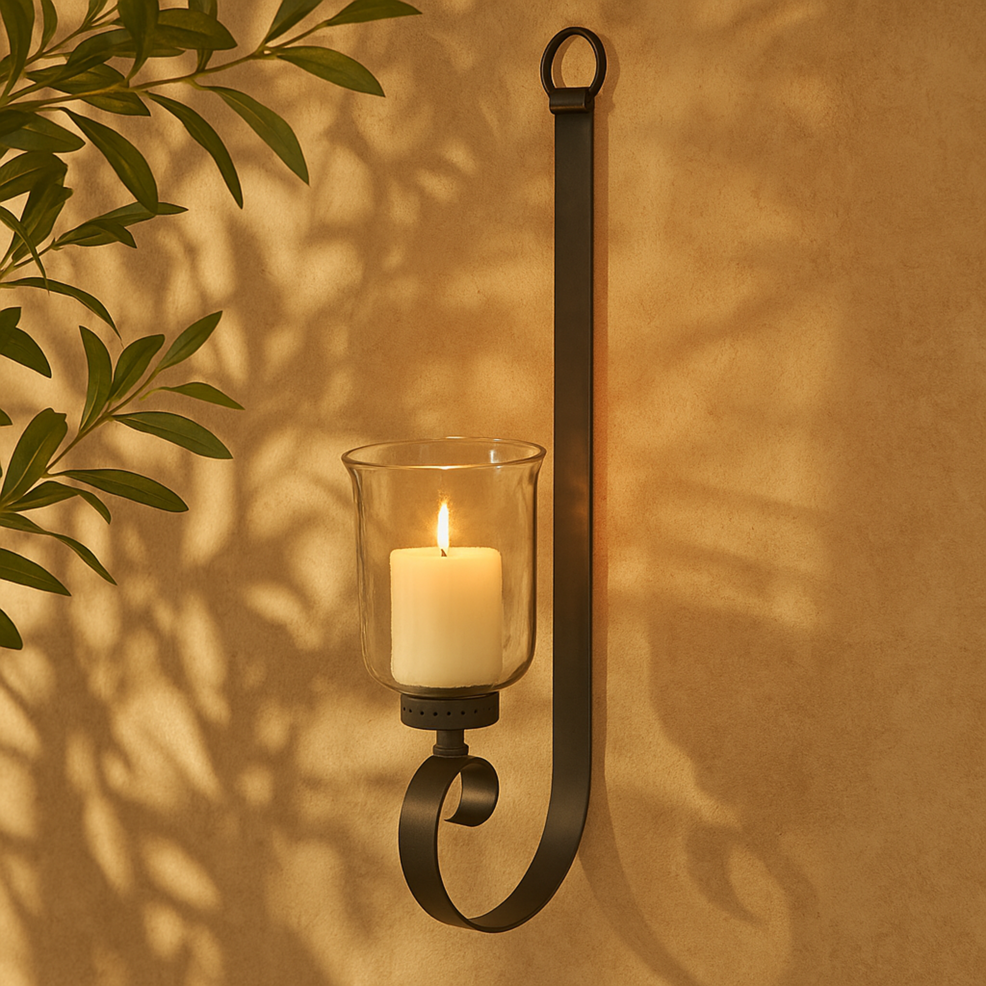 Scroll Black Metal Long Indoor Outdoor Wall Sconce with Hurricane Glass Holder