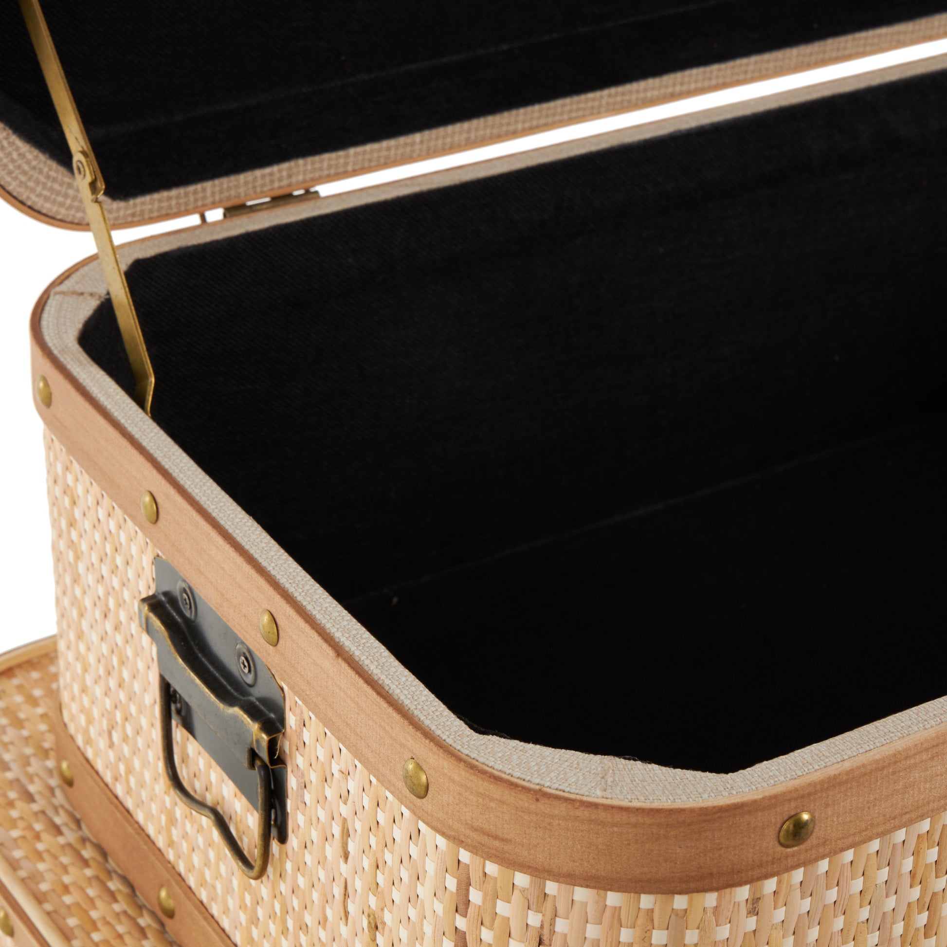 Set of 3 Light Brown Rattan Woven Decorative Trunk with Brass Metal Latches and Brown Wooden Accents