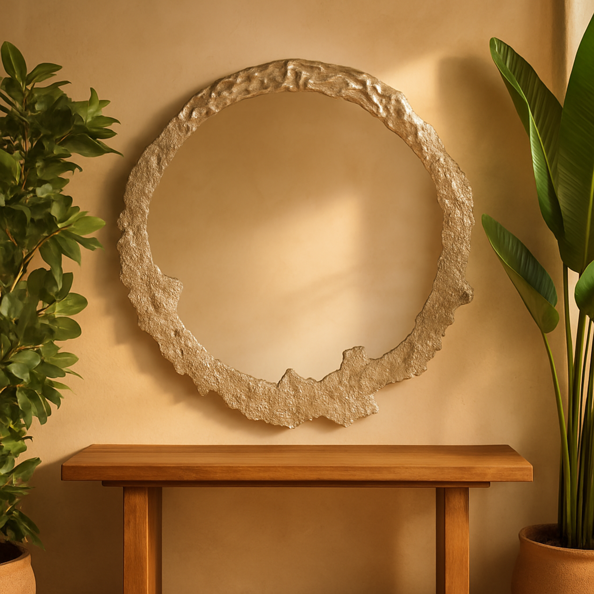 Abstract Silver Aluminum Metal Room Wall Mirror with Unfinished Texture