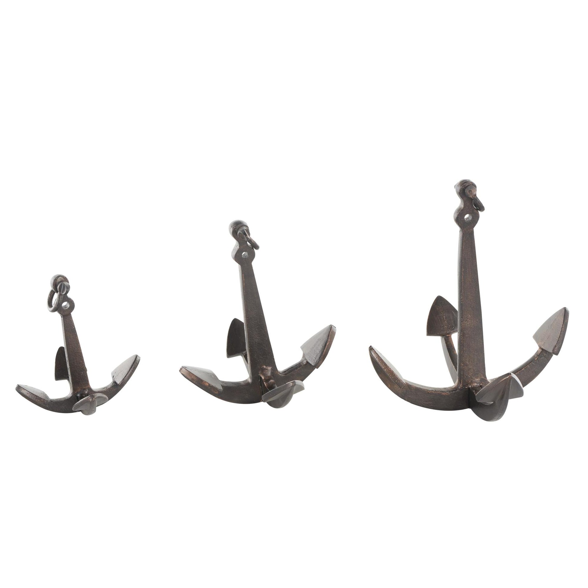 Set of 3 Anchor Copper Aluminum Metal Weathered Decorative Sculpture with Hanging Hook