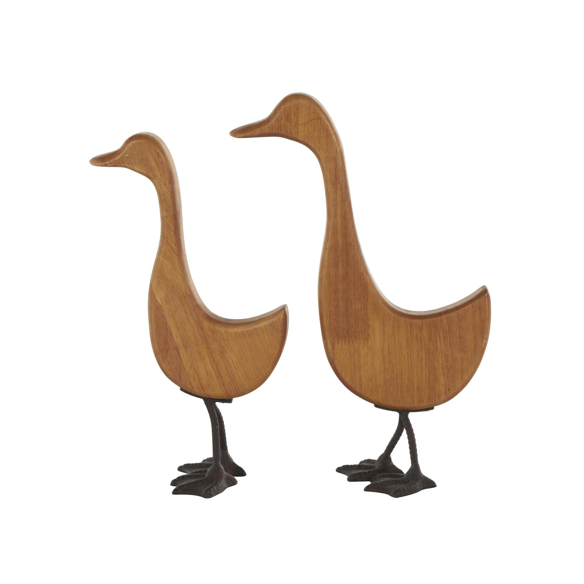 Set of 2 Duck Brown Wood Abstract Decorative Garden Sculpture with Black Metal Feet