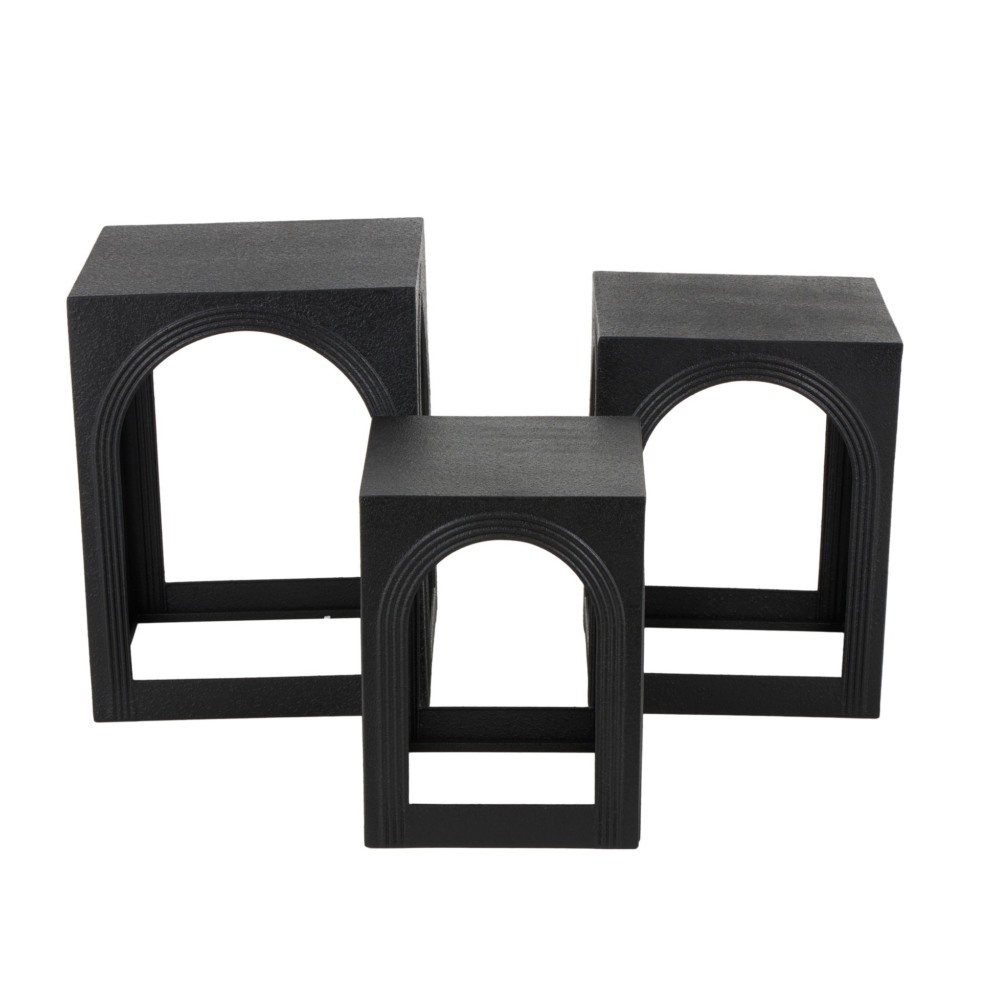 Set of 3 Black Metal Nested Side End Accent Table with Arched Cutouts