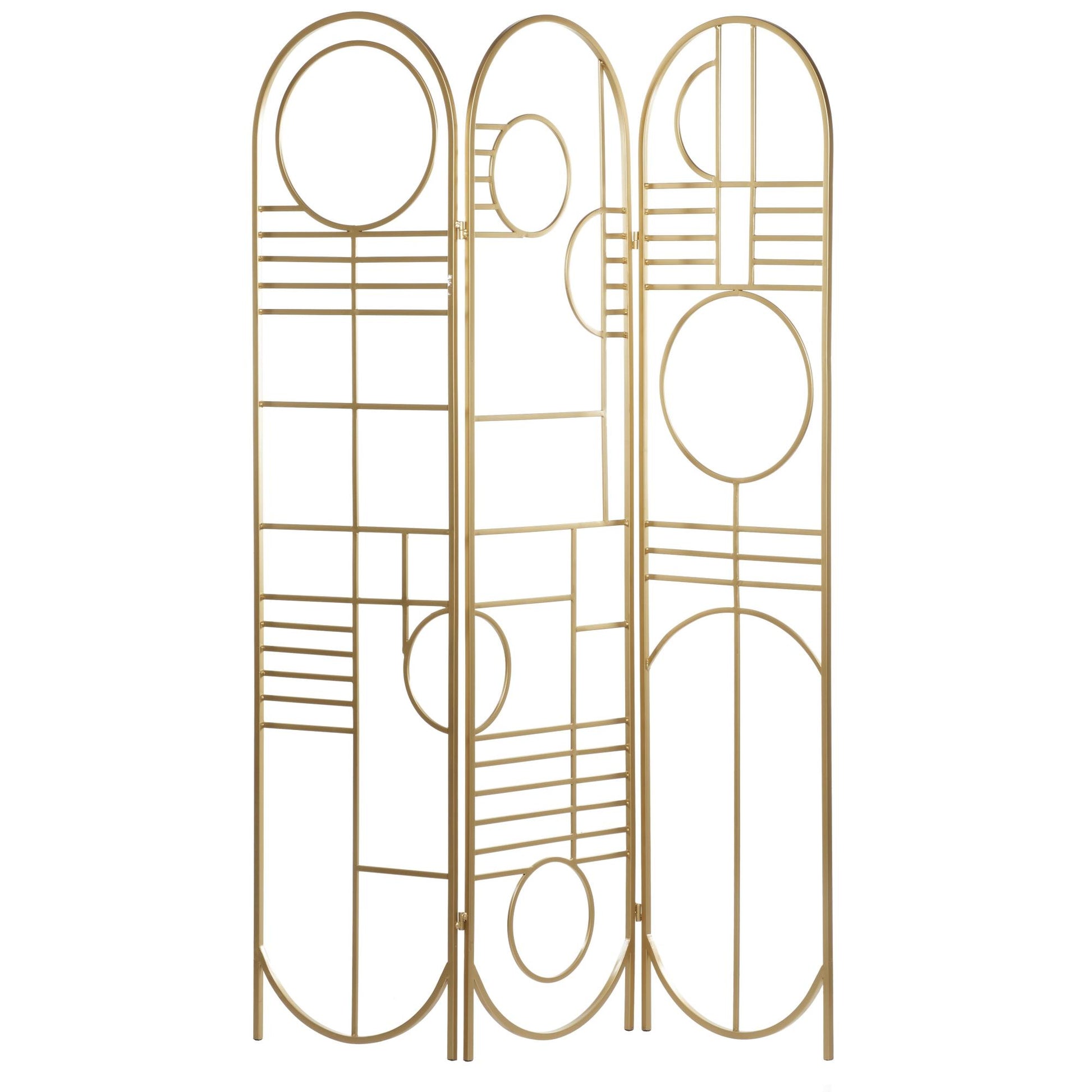 Geometric Gold Metal Hinged Foldable Arched Partition 3 Panel Partition Room Divider Screen