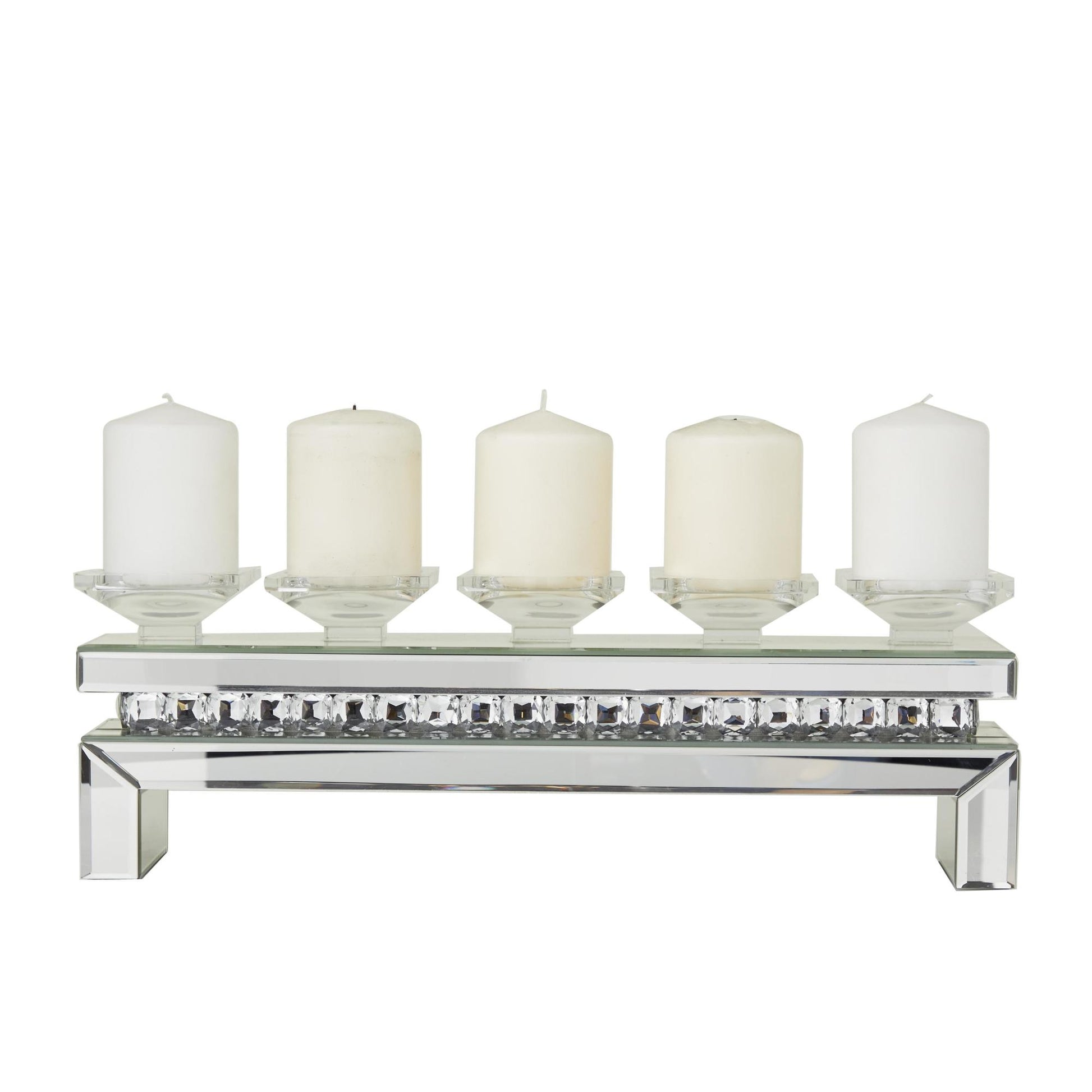 Silver Wooden Pillar 5 Plate Decorative Candelabra with Mirrored Accents
