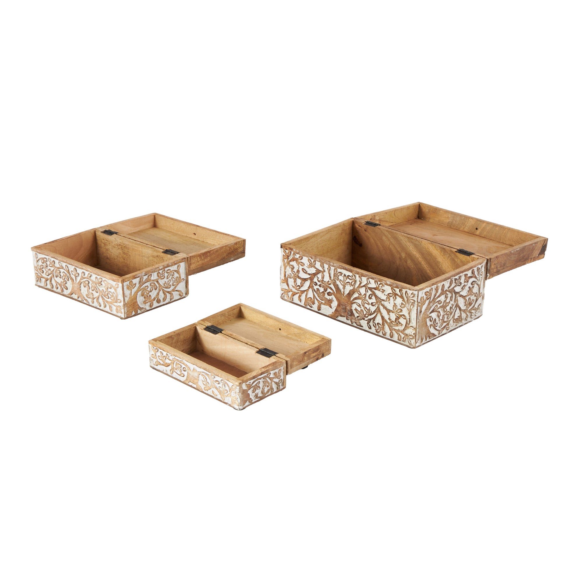 Set of 3 Tree Brown Mango Wood Carved Decorative Box with White Backing