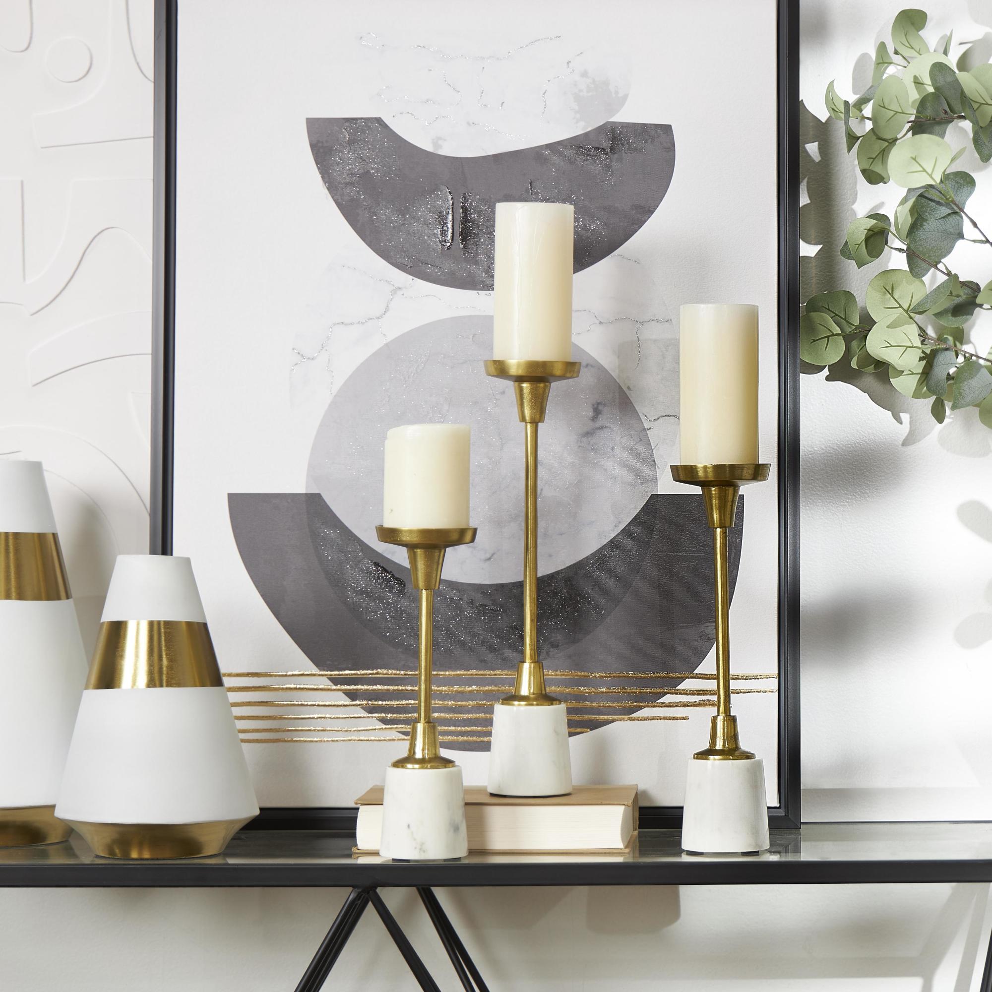 Set of 3 Gold Aluminum Metal Slim Decorative Candle Holder with White Marble Base