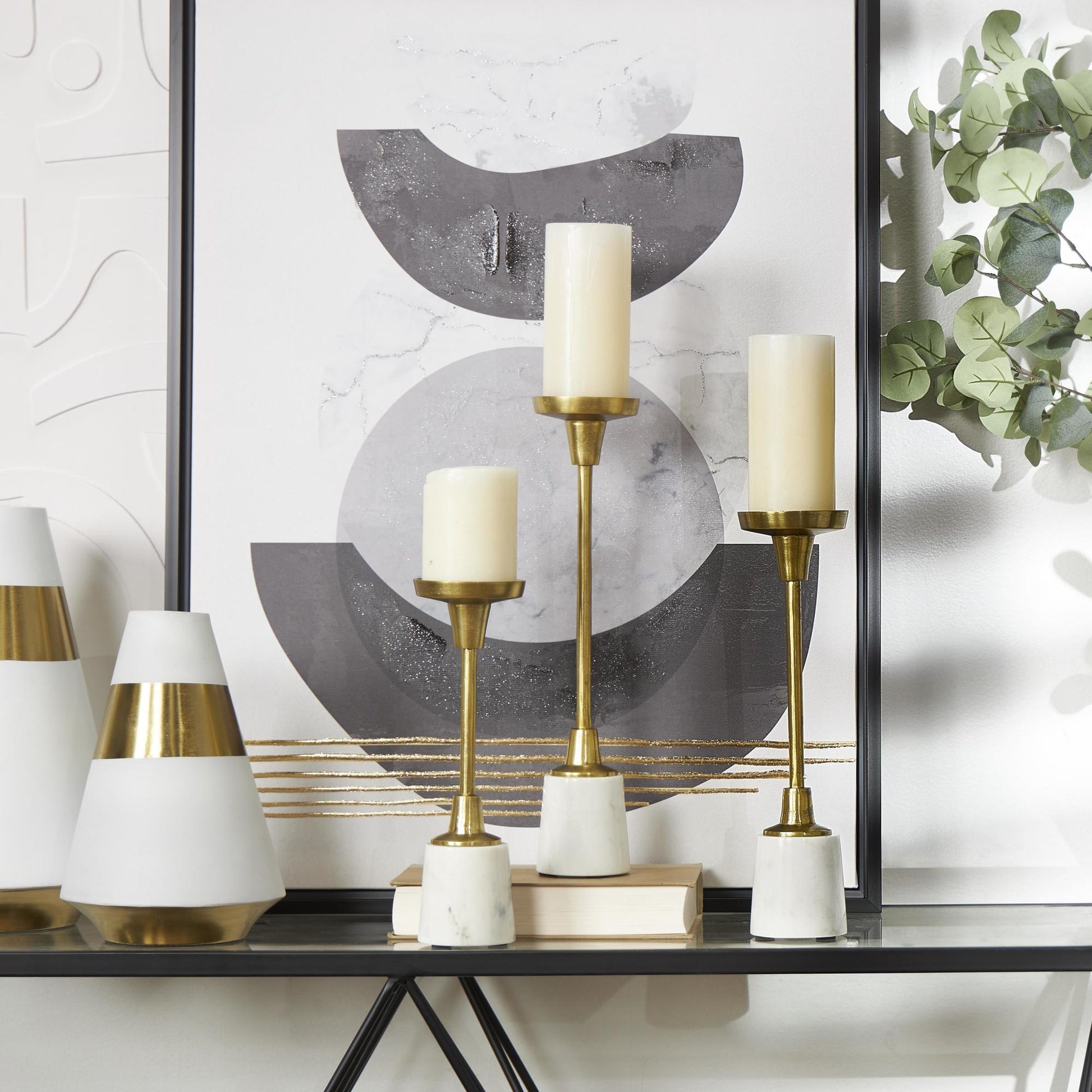 Set of 3 Gold Aluminum Metal Slim Decorative Candle Holder with White Marble Base