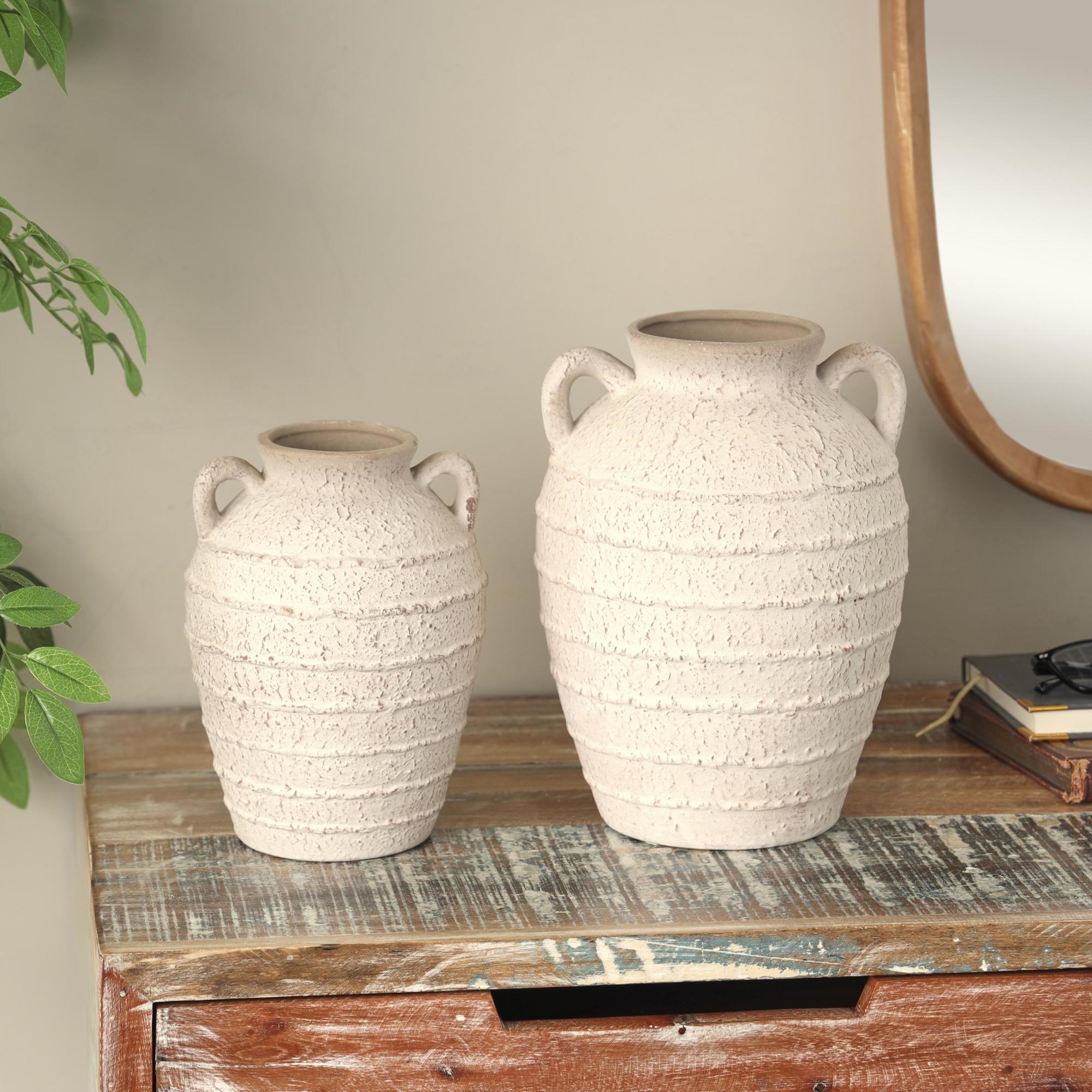 Set of 2 Cream Ceramic Textured Decorative Vase with Handles and Terracotta Accents