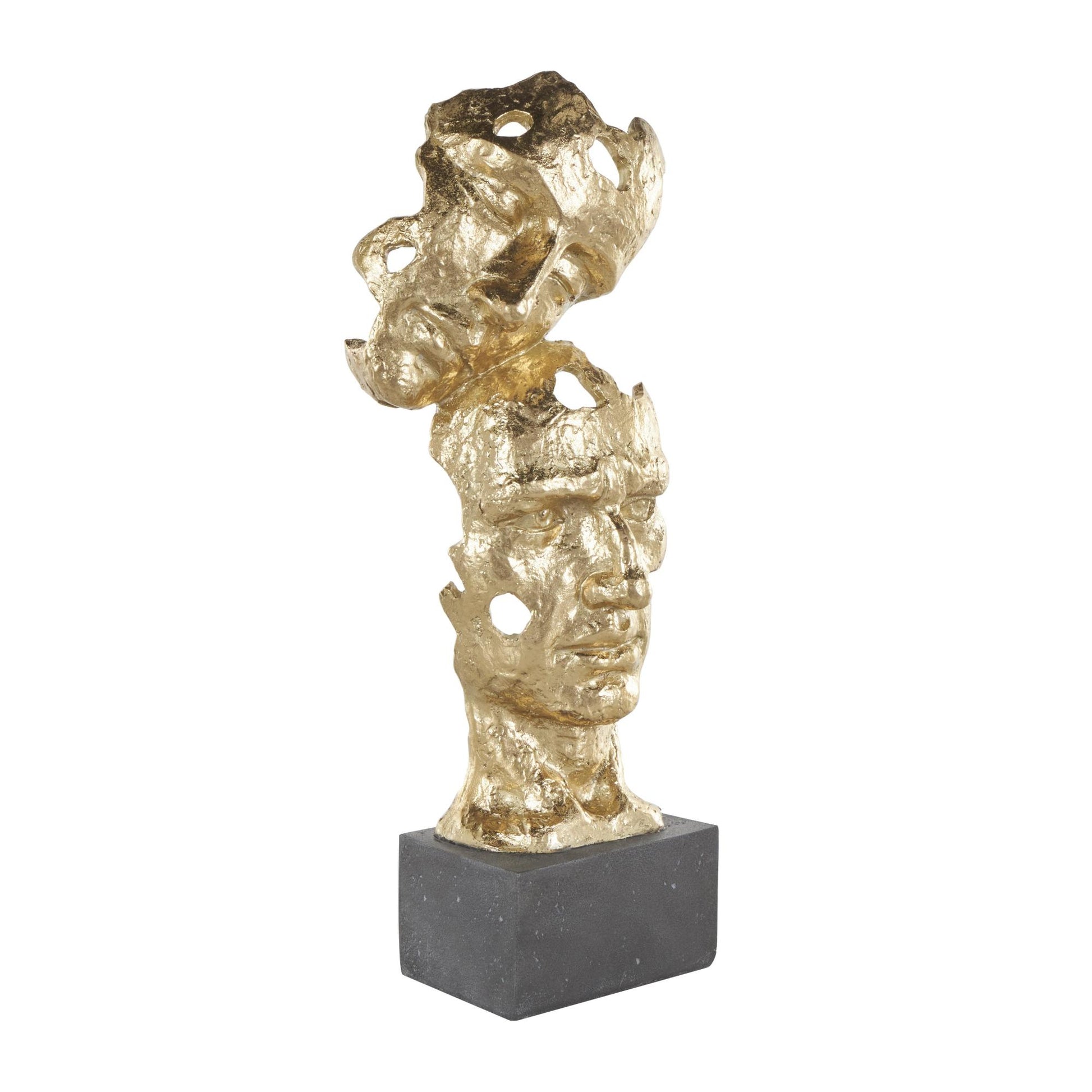 Mask Gold Polystone Stacked Face Cutout Decorative Sculpture with Black Block Base