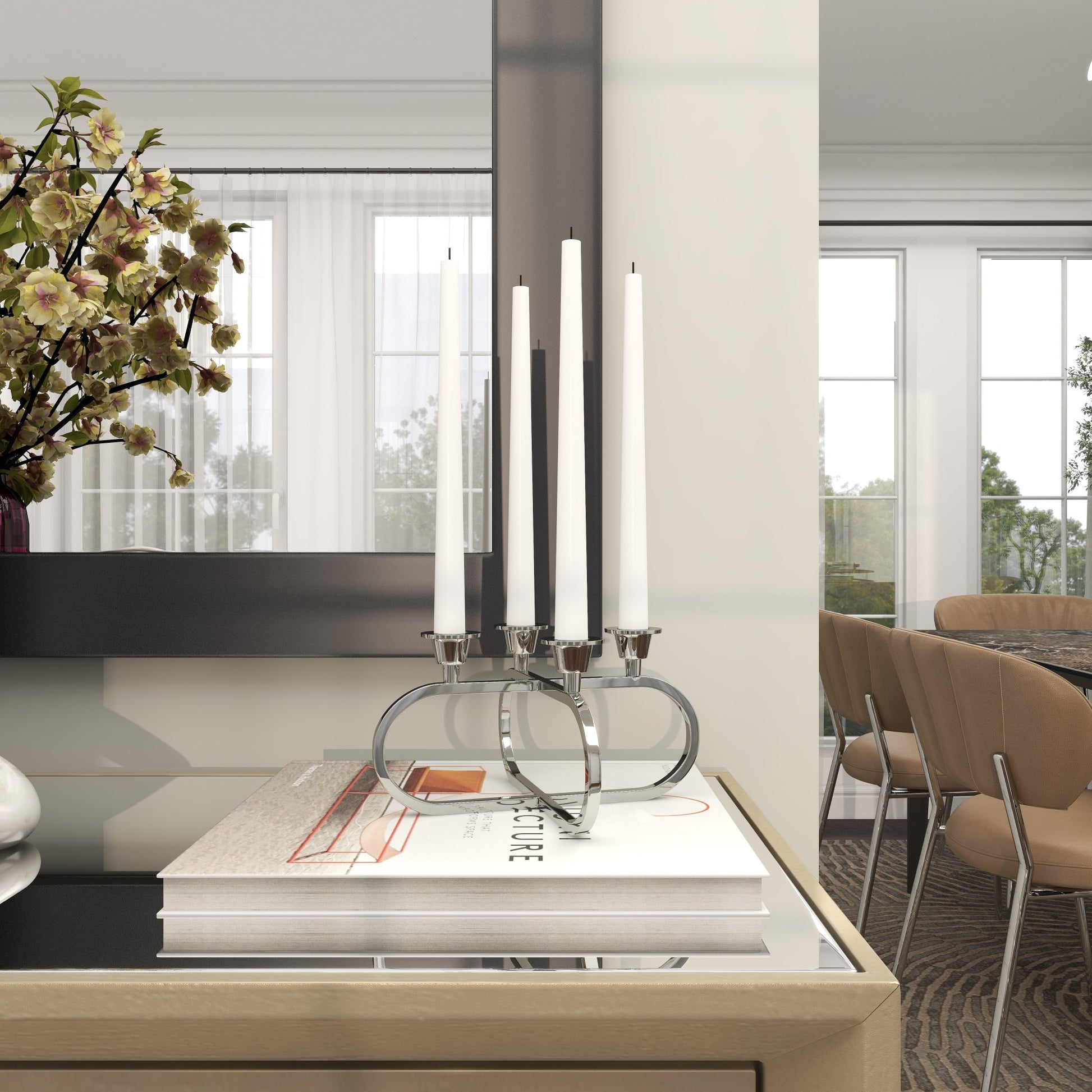 CosmoLiving by Cosmopolitan Geometric Silver Stainless Steel Metal Overlapping Oval Decorative Candelabra