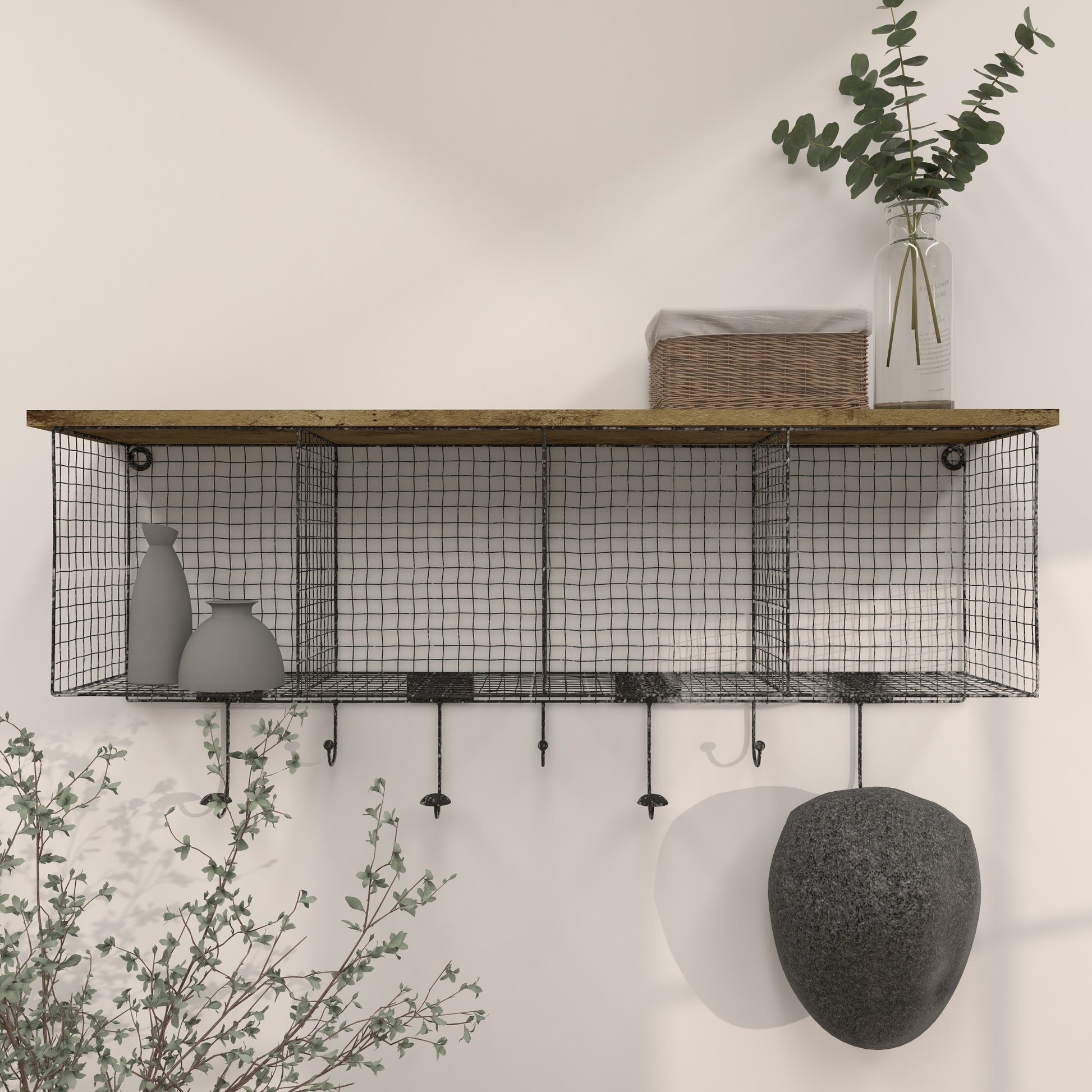 Black Metal Caged 4 Cubby and 7 Hanger Home Wall Hook with Wood Shelf
