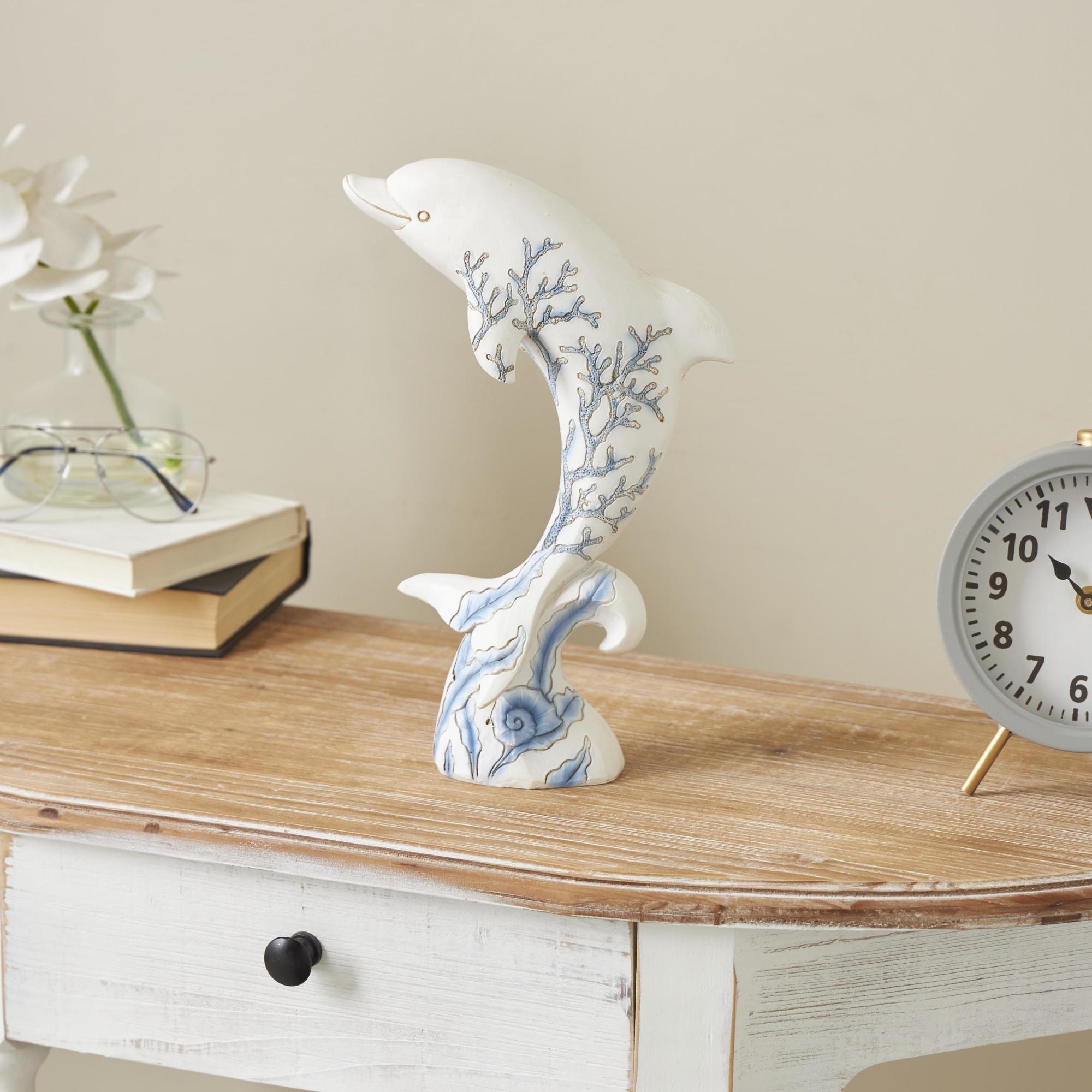 Dolphin White Polystone Curved Decorative Sculpture with Blue Coral Patterns