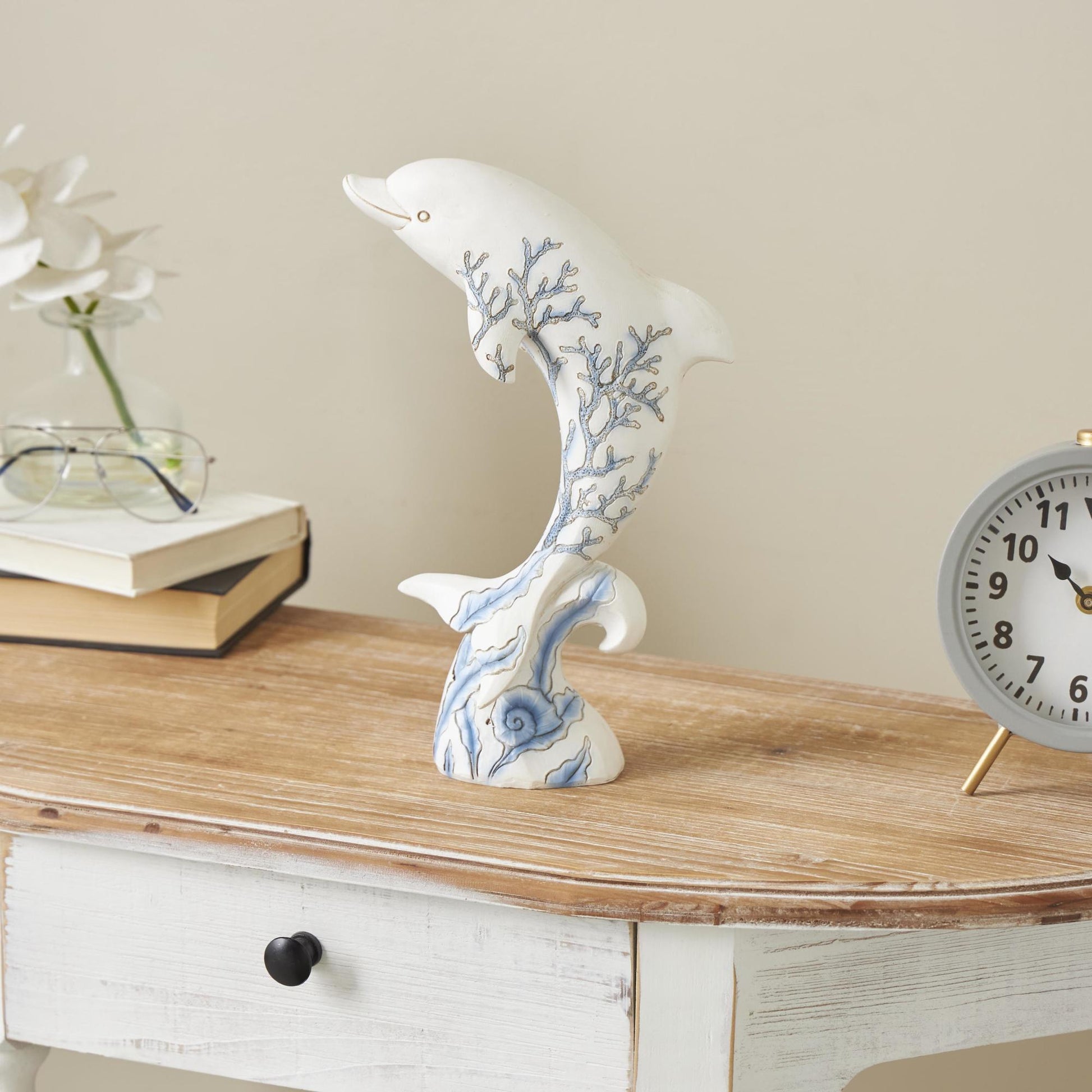 Dolphin White Polystone Curved Decorative Sculpture with Blue Coral Patterns