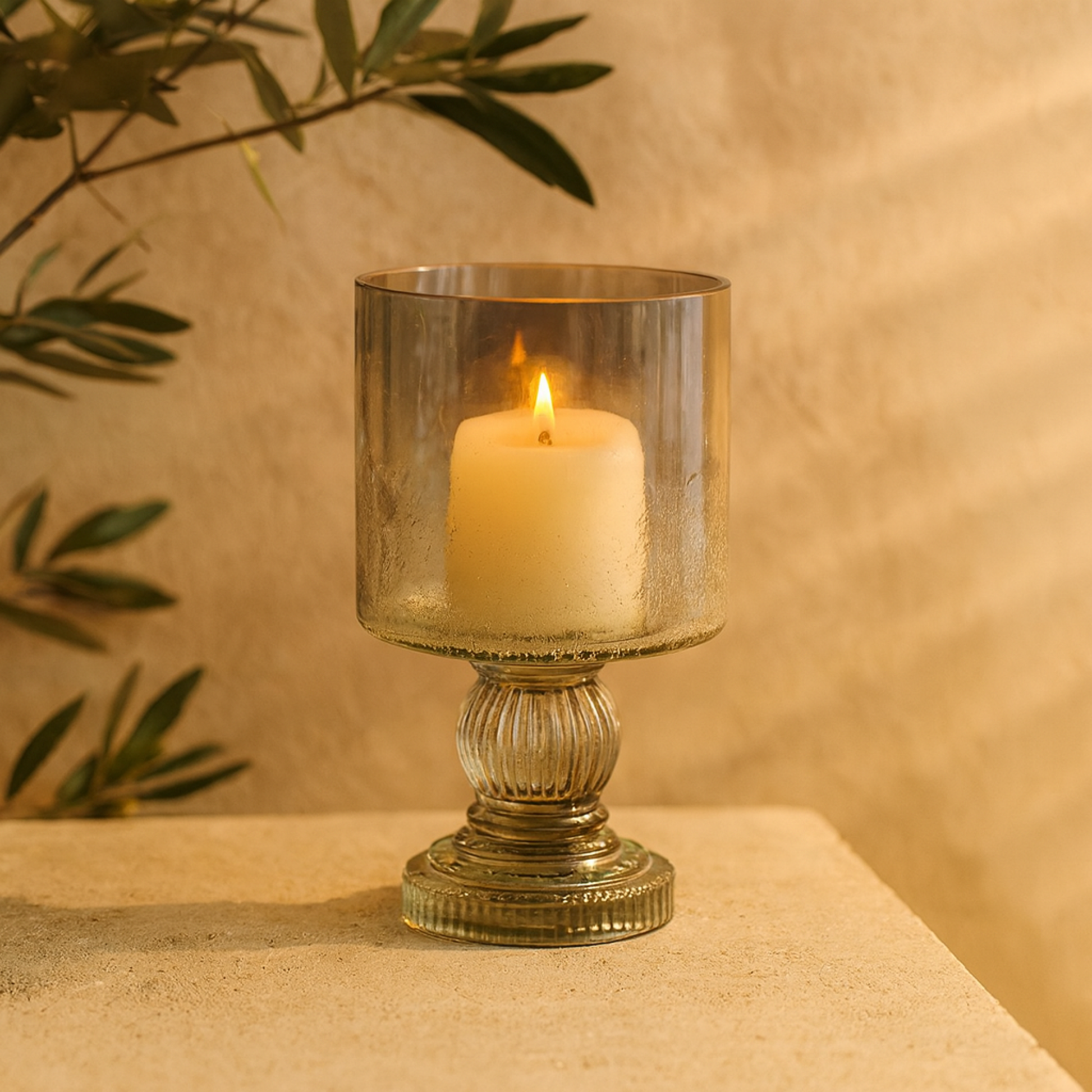 Black Glass Handmade Turned Style Pillar Room Hurricane Lamp with Smoked Glass Finish