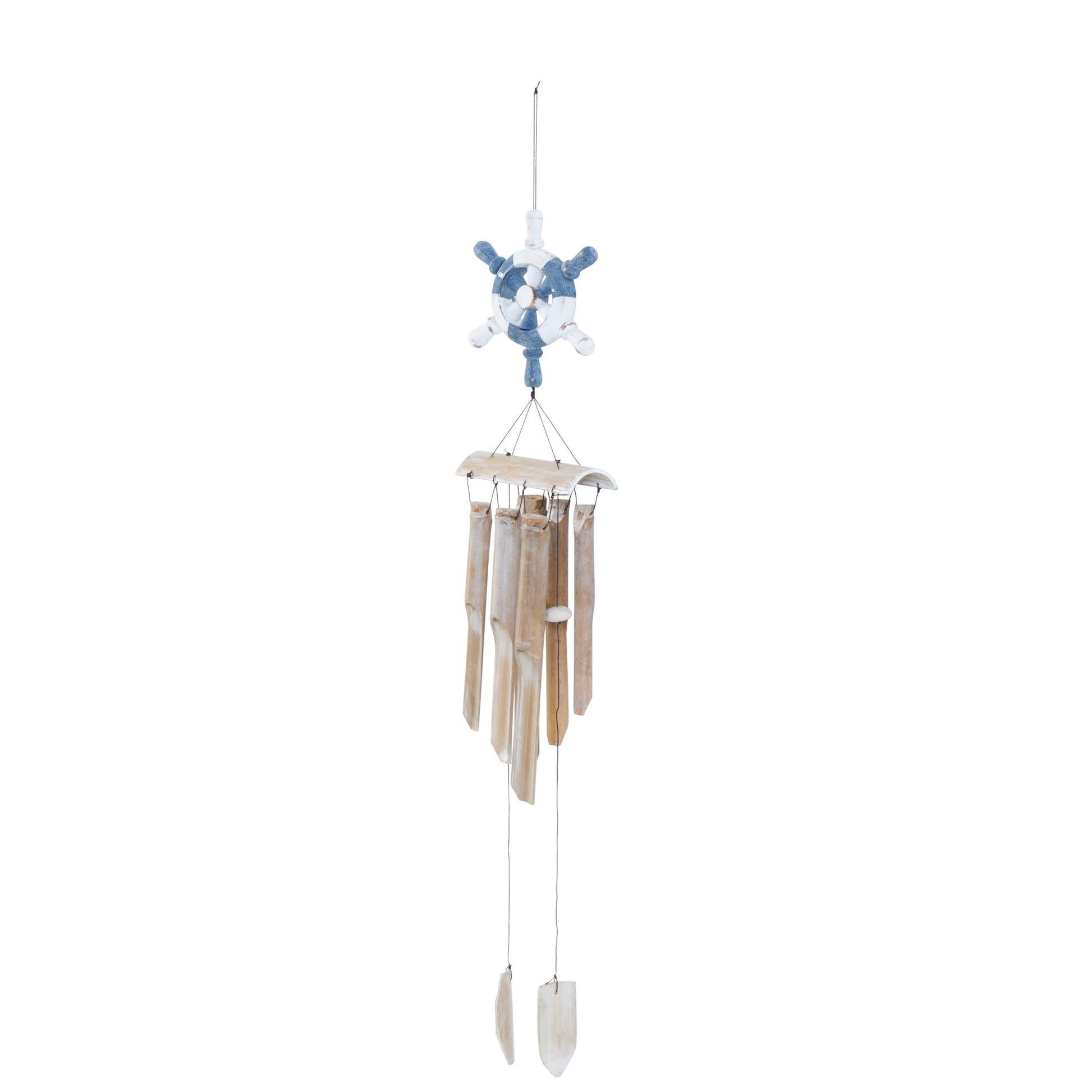 Ship Wheel Blue Bamboo Wood Handmade Indoor Outdoor Windchime with Log Chimes