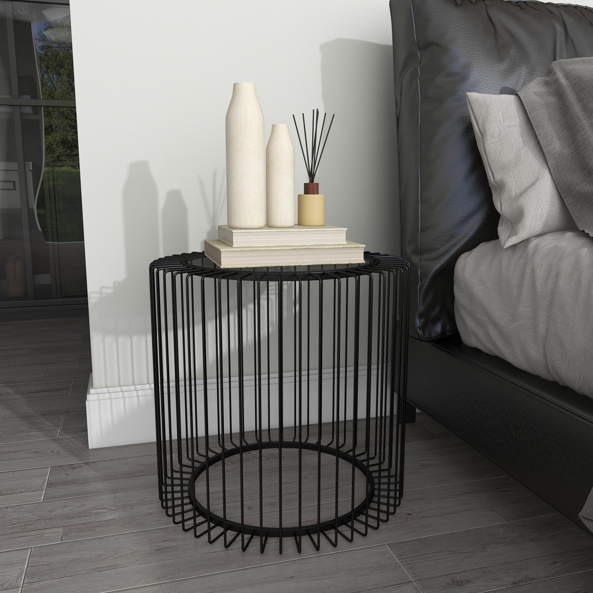 Black Metal Open Wire Frame Side End Accent Table with Shaded Glass Top
