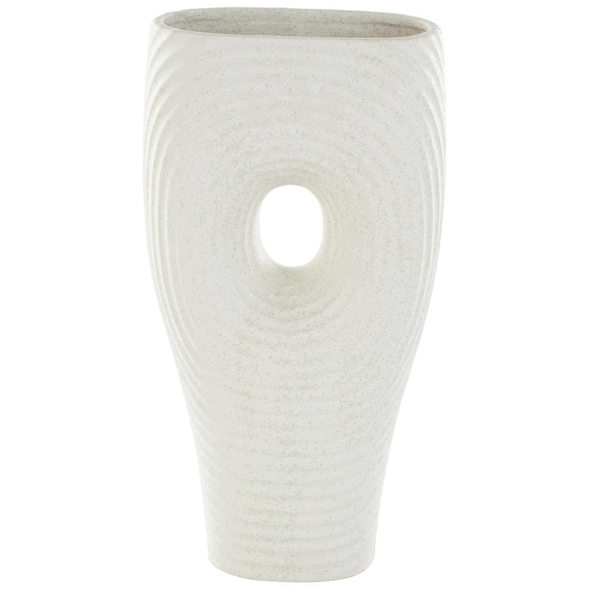 Abstract White Ceramic Ribbed Ring Cutout Decorative Vase with Glossy Speckled Texture