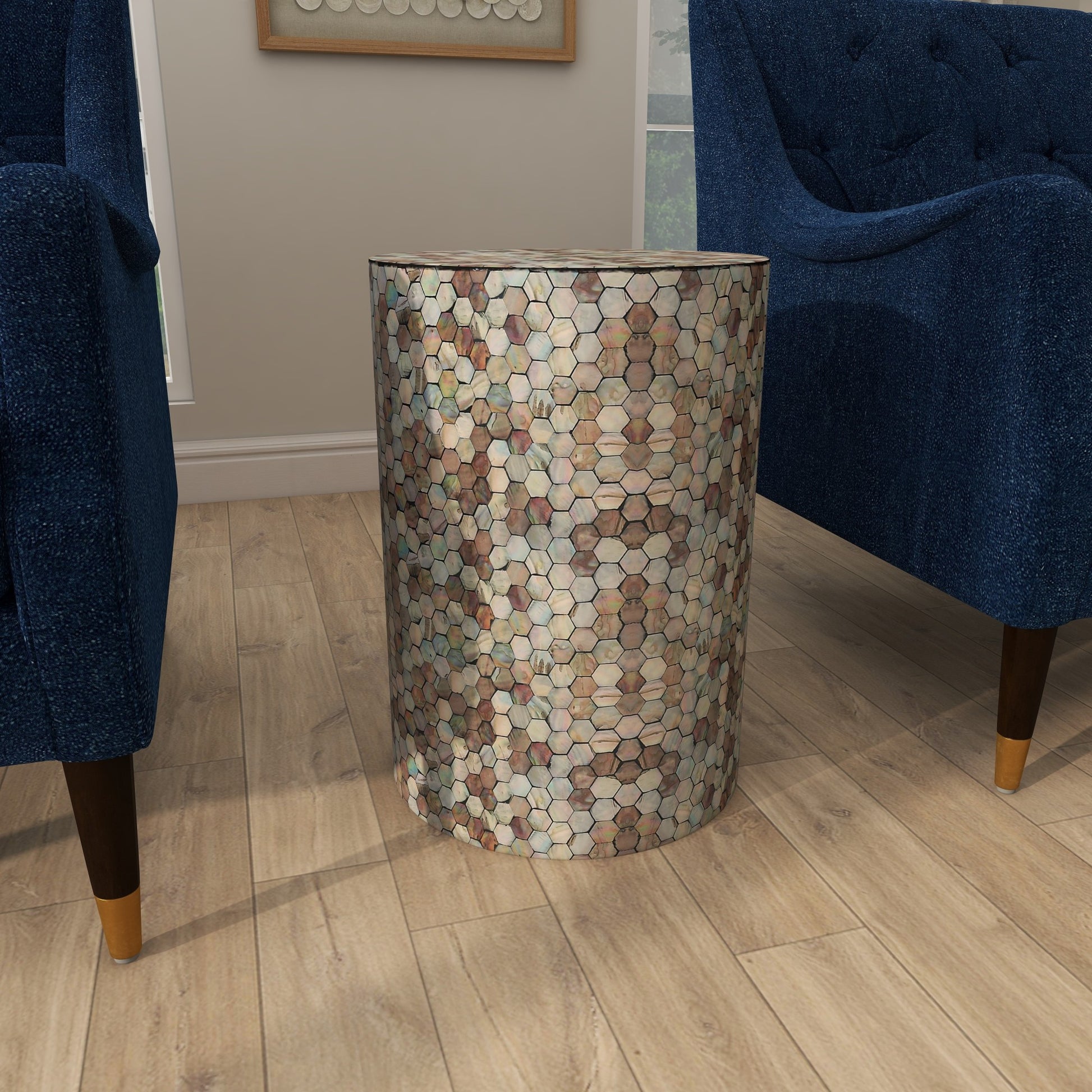 Geometric Mother of Pearl Shell Handmade Mosaic Drum Side End Accent Table