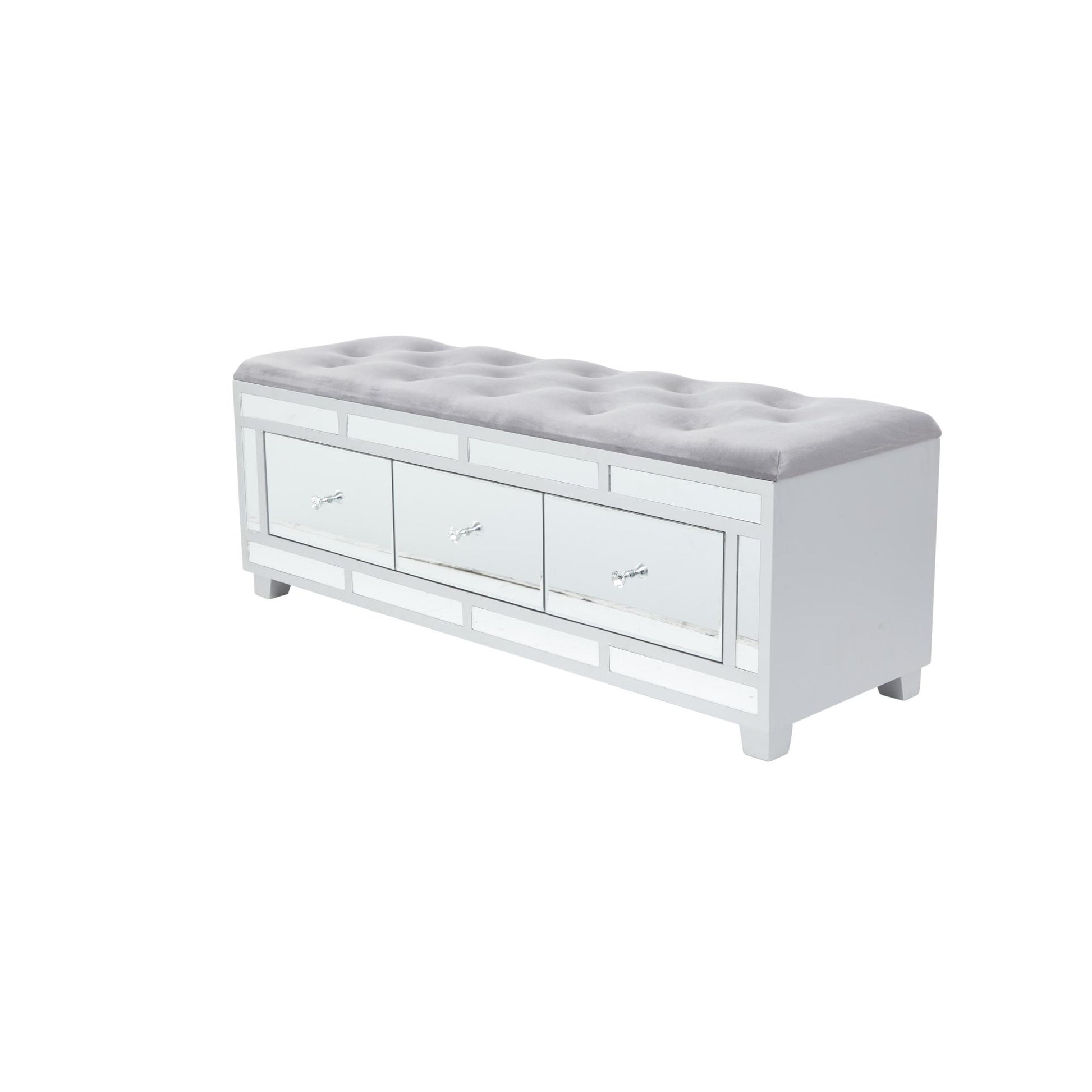 Gray Velvet Mirrored 3 Drawer Room Storage Bench with Upholstered Seat