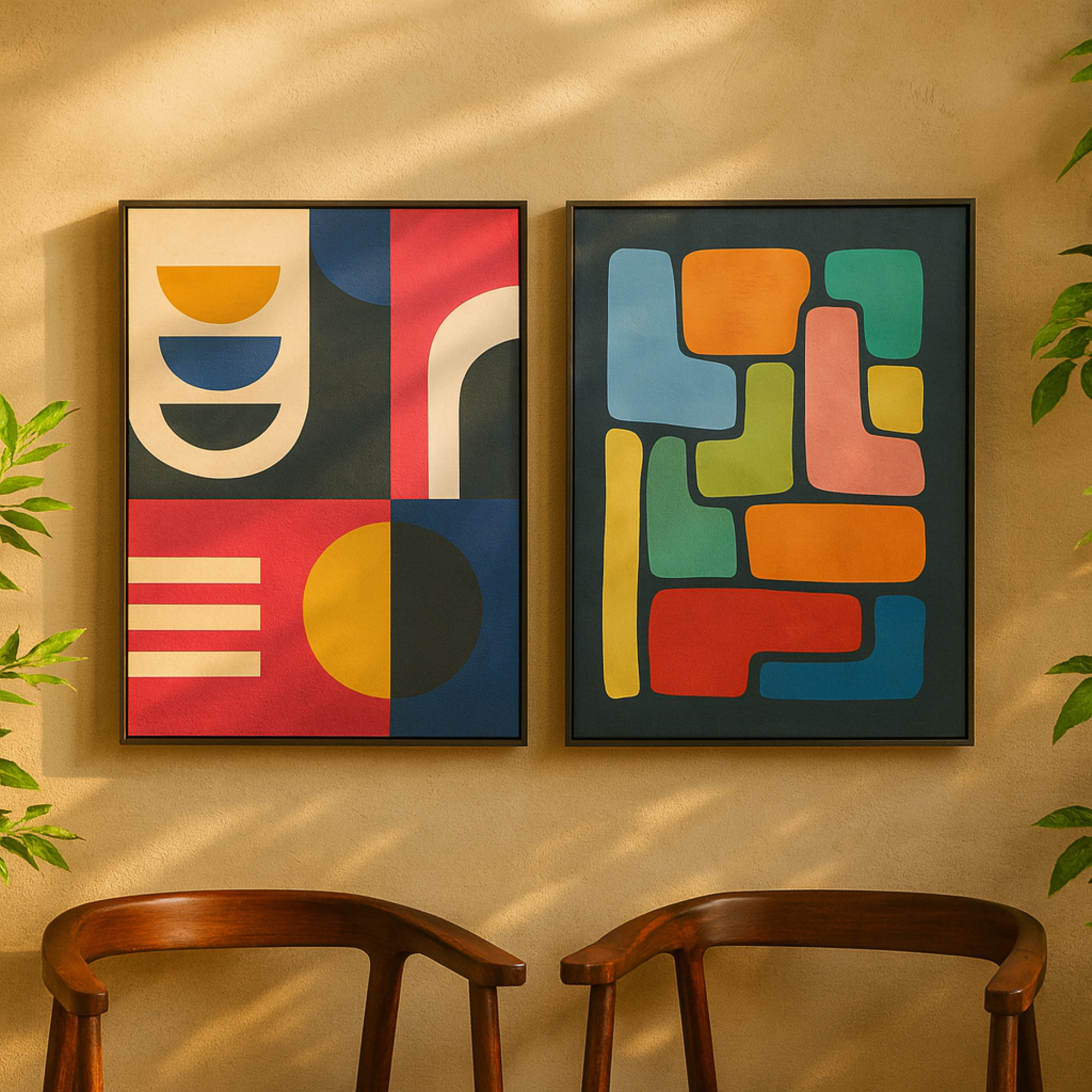 Set of 2 Geometric Multi Colored Canvas Living Room Framed Wall Art with Black Frame