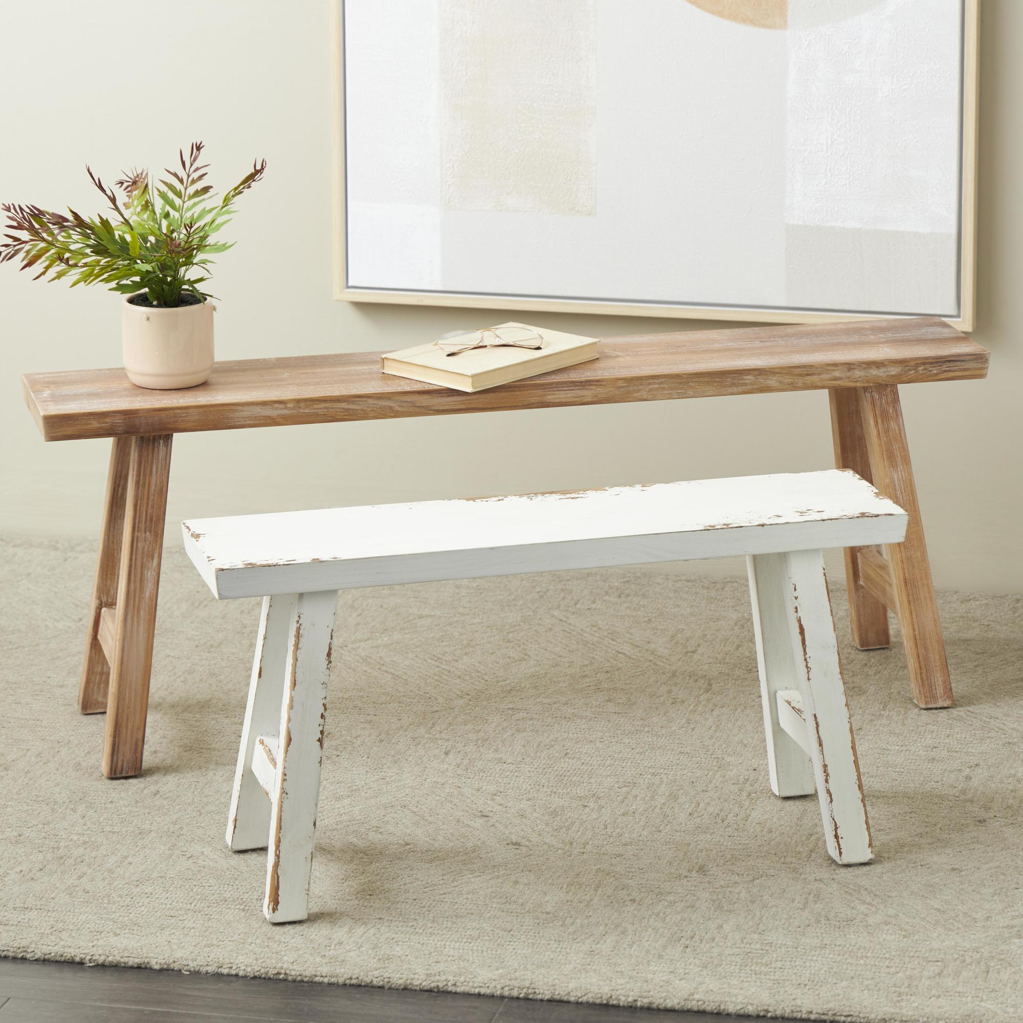 Set of 2 Brown Wood Slim Distressed Home Bench with Smaller White Bench