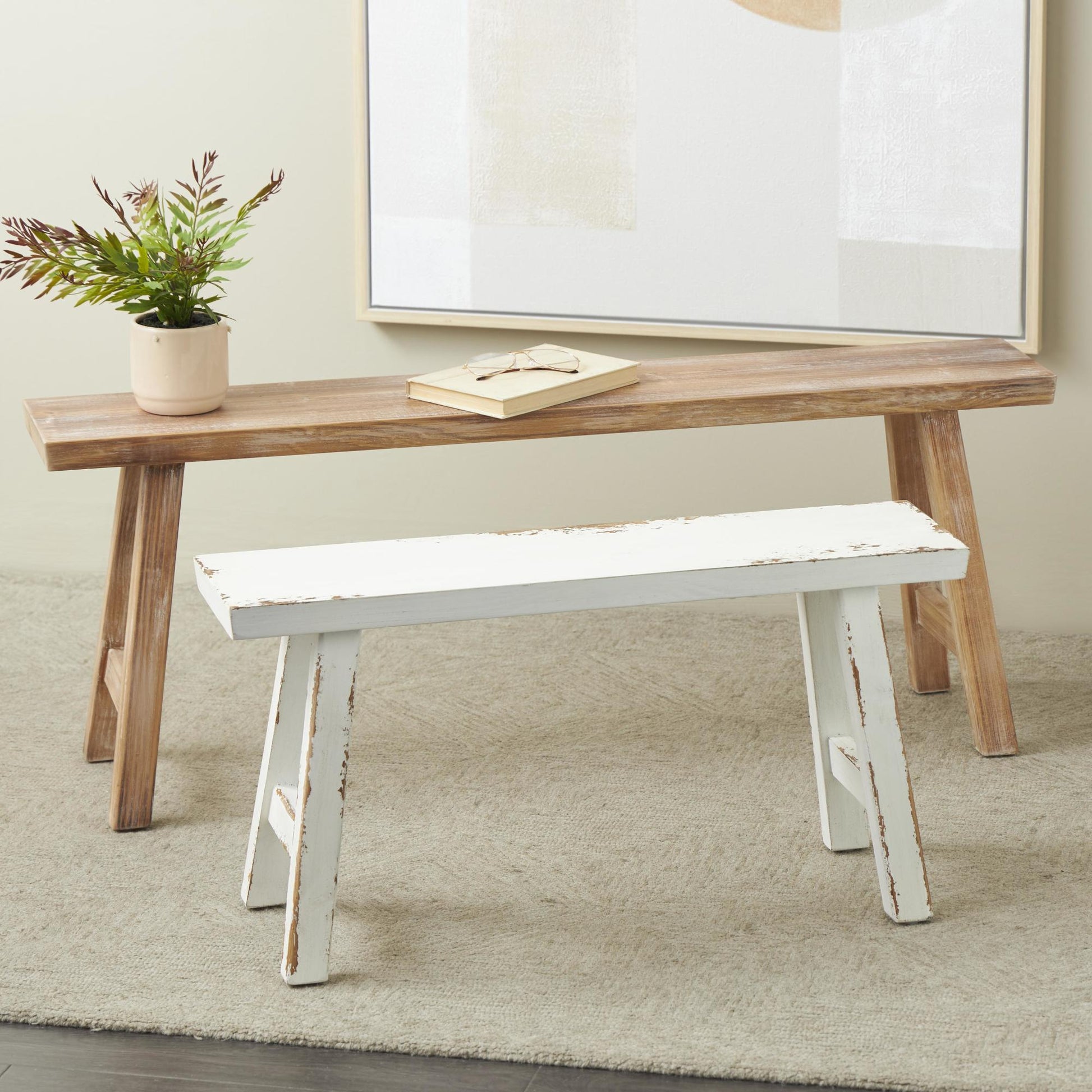 Set of 2 Brown Wood Slim Distressed Home Bench with Smaller White Bench