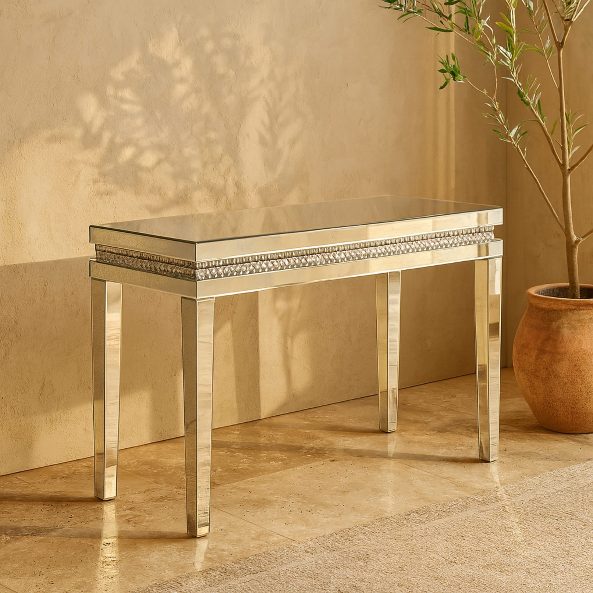 Silver Glass Mirrored Living Room Console Table with Crystal Studded Embellishments