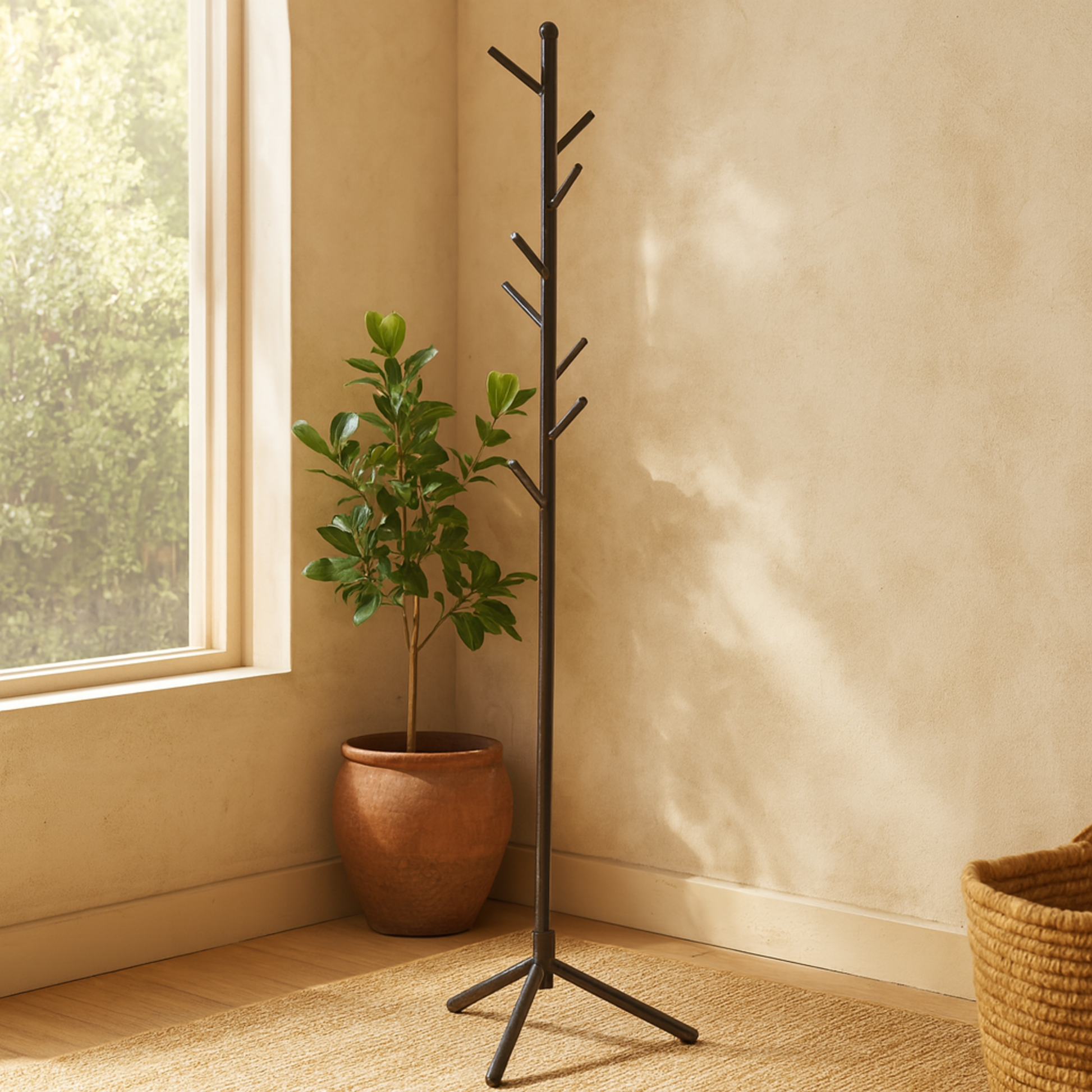 Black Metal 8 Hook Freestanding Coat Rack with Triangle Legs