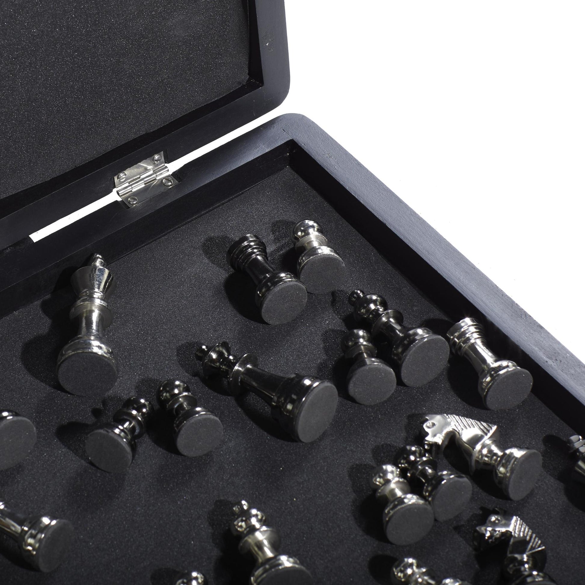 Chess Black Aluminum Metal Home Decor Game Set with Storage Compartment
