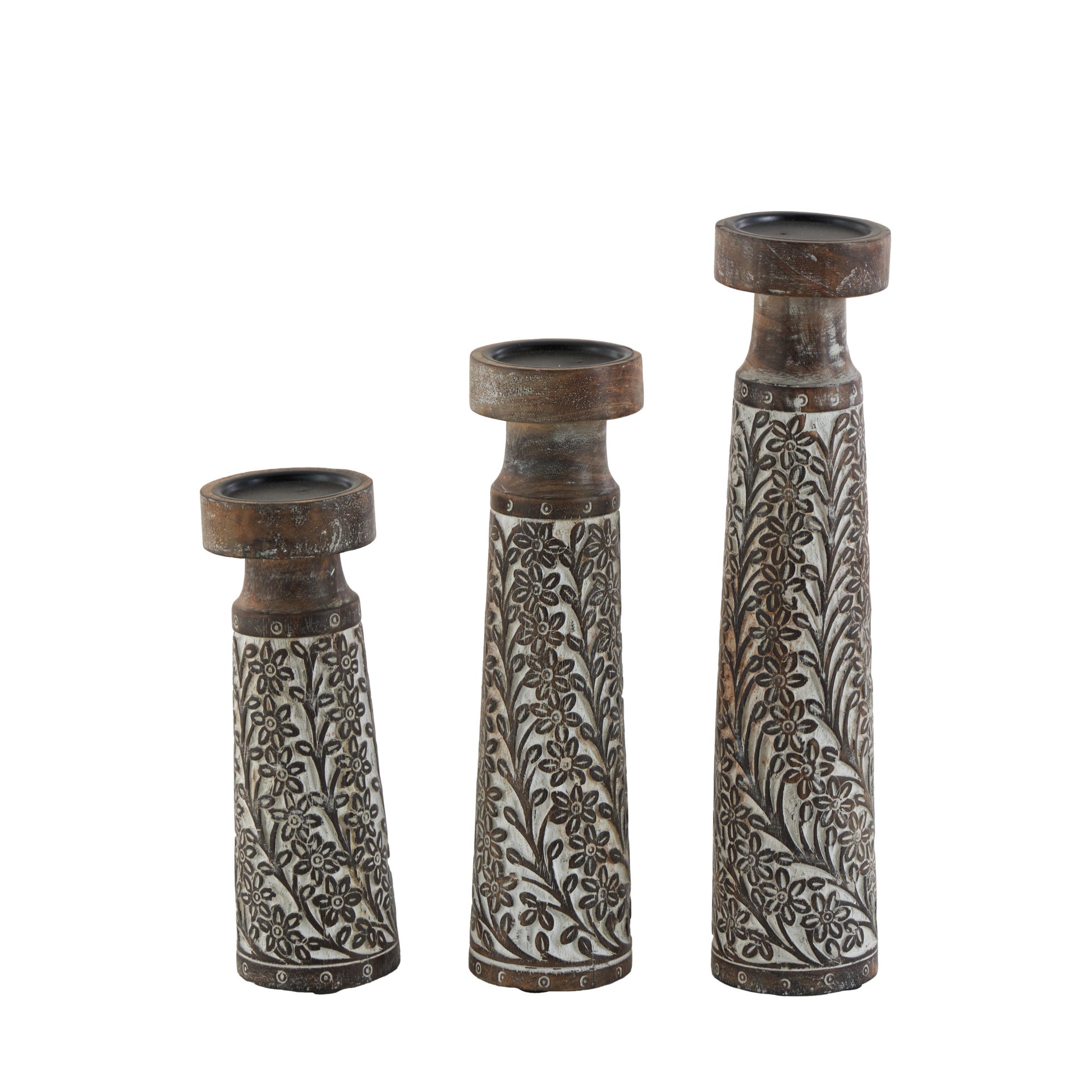 Set of 3 Floral Mango Wood Handmade Vine Decorative Candle Holder with Whitewashed Cream Backing