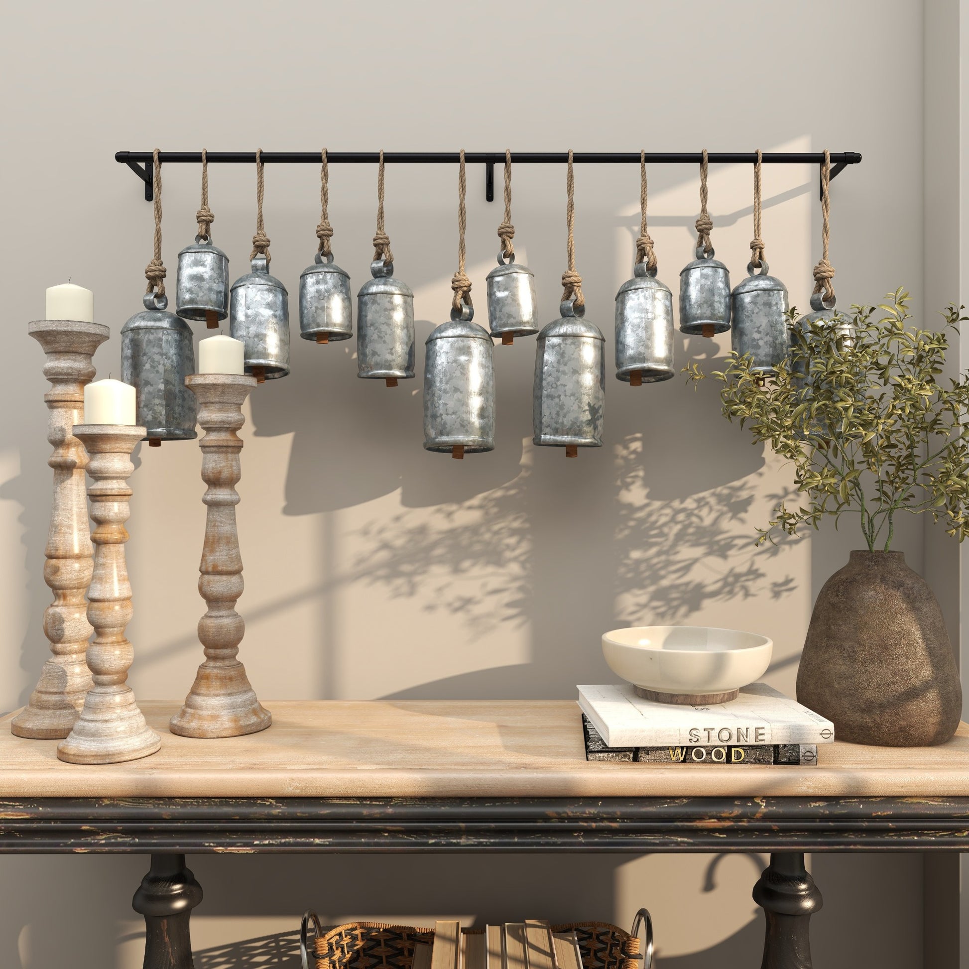 Metal Tibetan Inspired 12 Bell Indoor Outdoor Decorative Cow Bells with Hanging Ropes and Rod