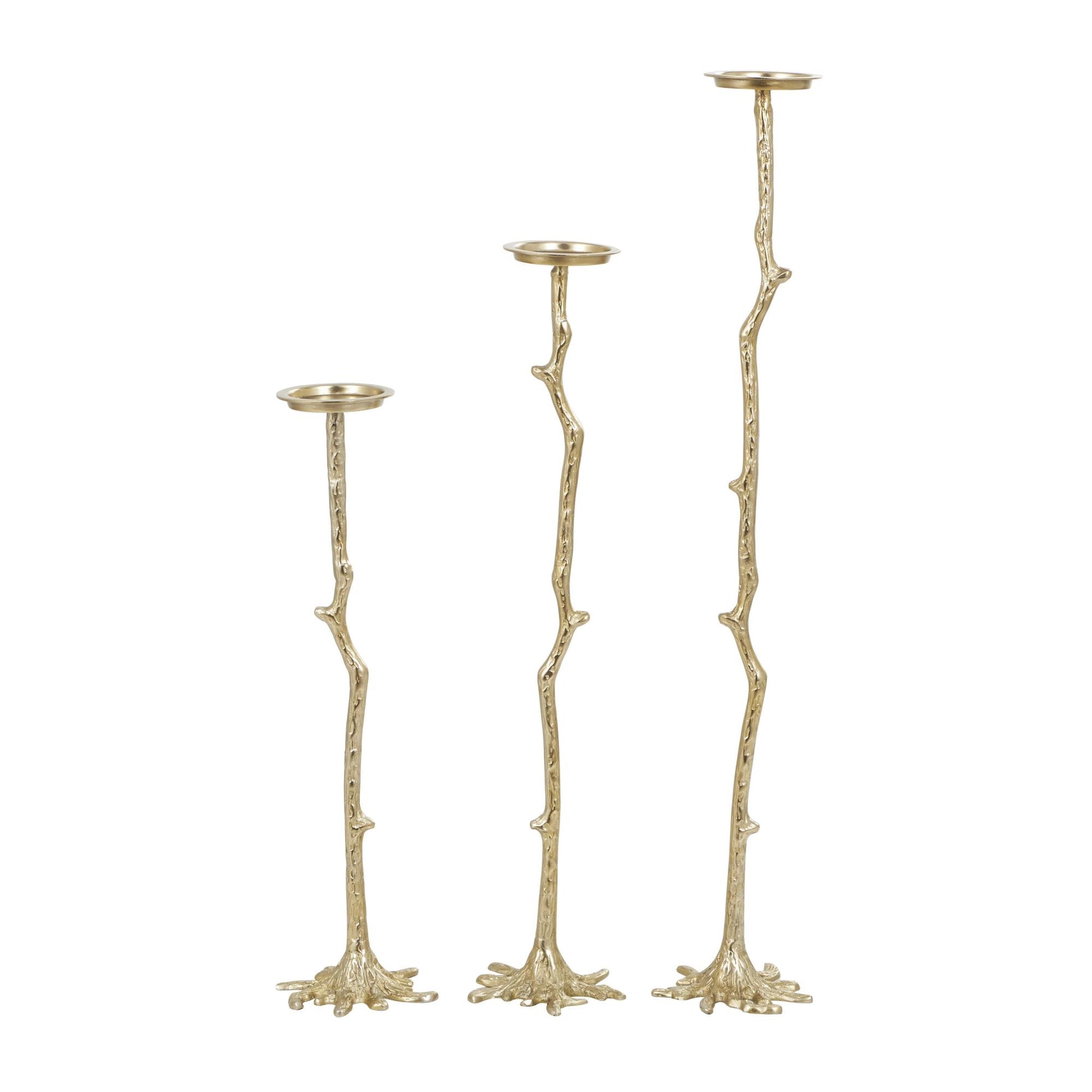 Set of 3 Abstract Gold Aluminum Metal Tall Floor Decorative Candle Holder with Stick Inspired Design