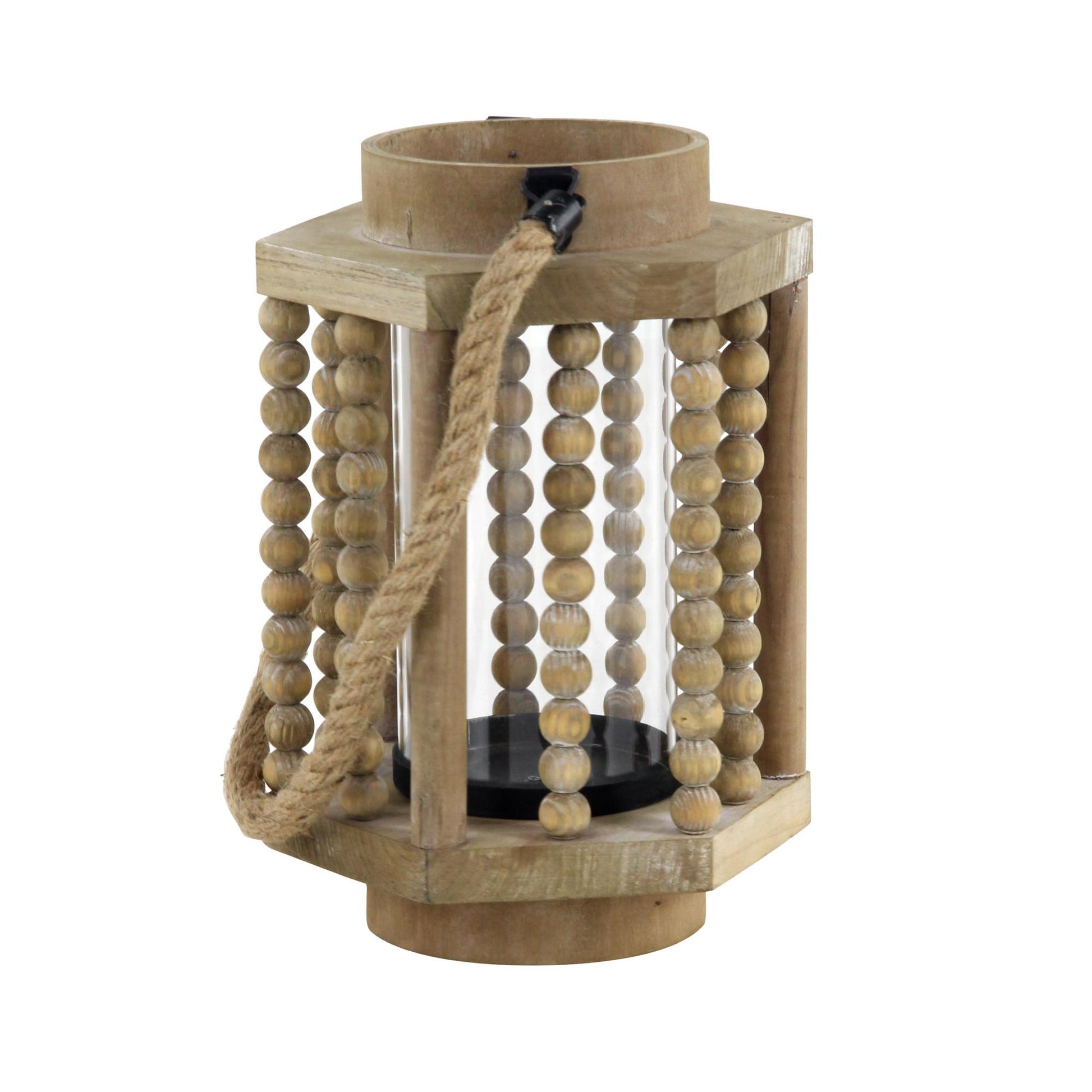 Beige Reclaimed Wood Beaded Decorative Indoor Outdoor Candle Lantern